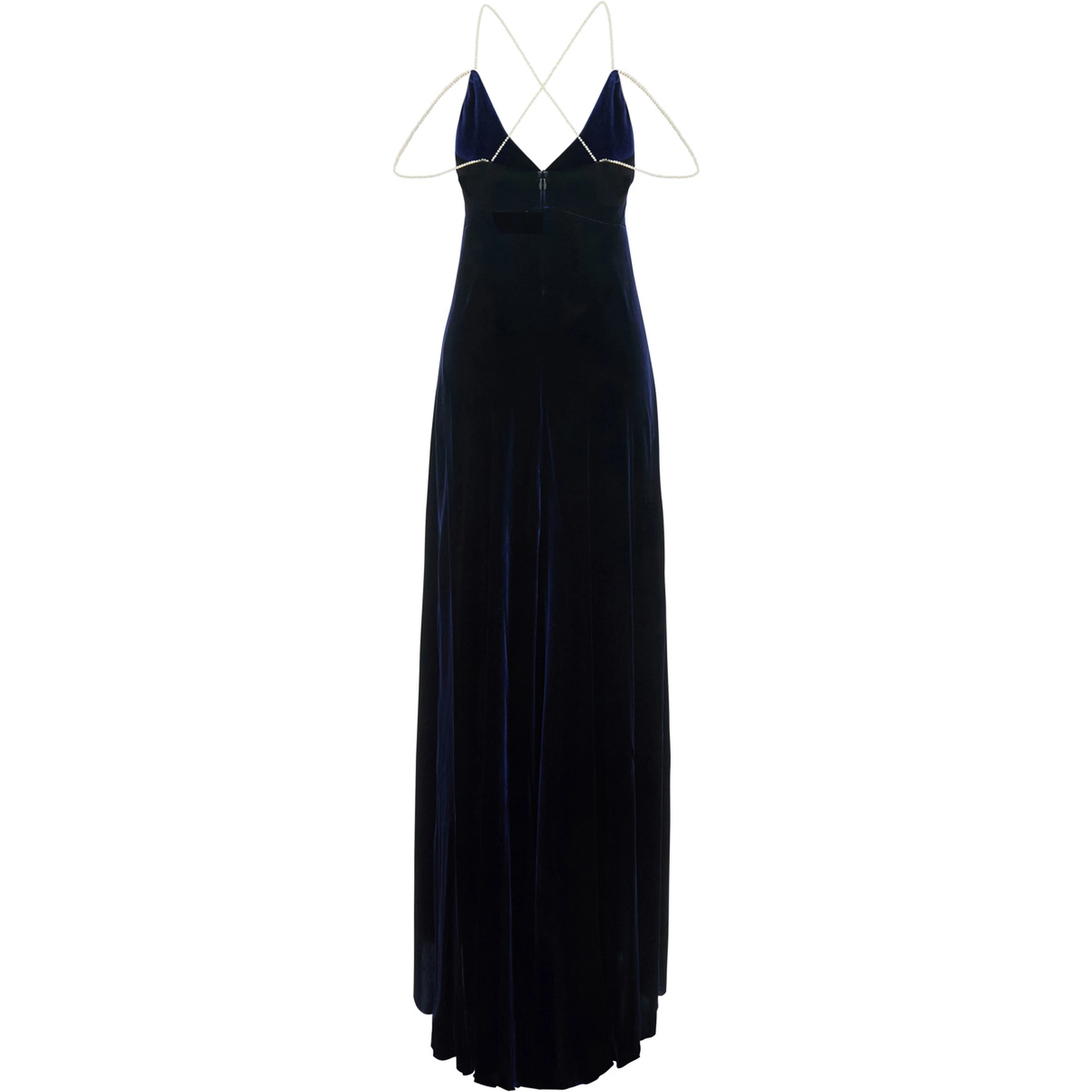 Long dress in silk velvet with beaded straps and blue color for women