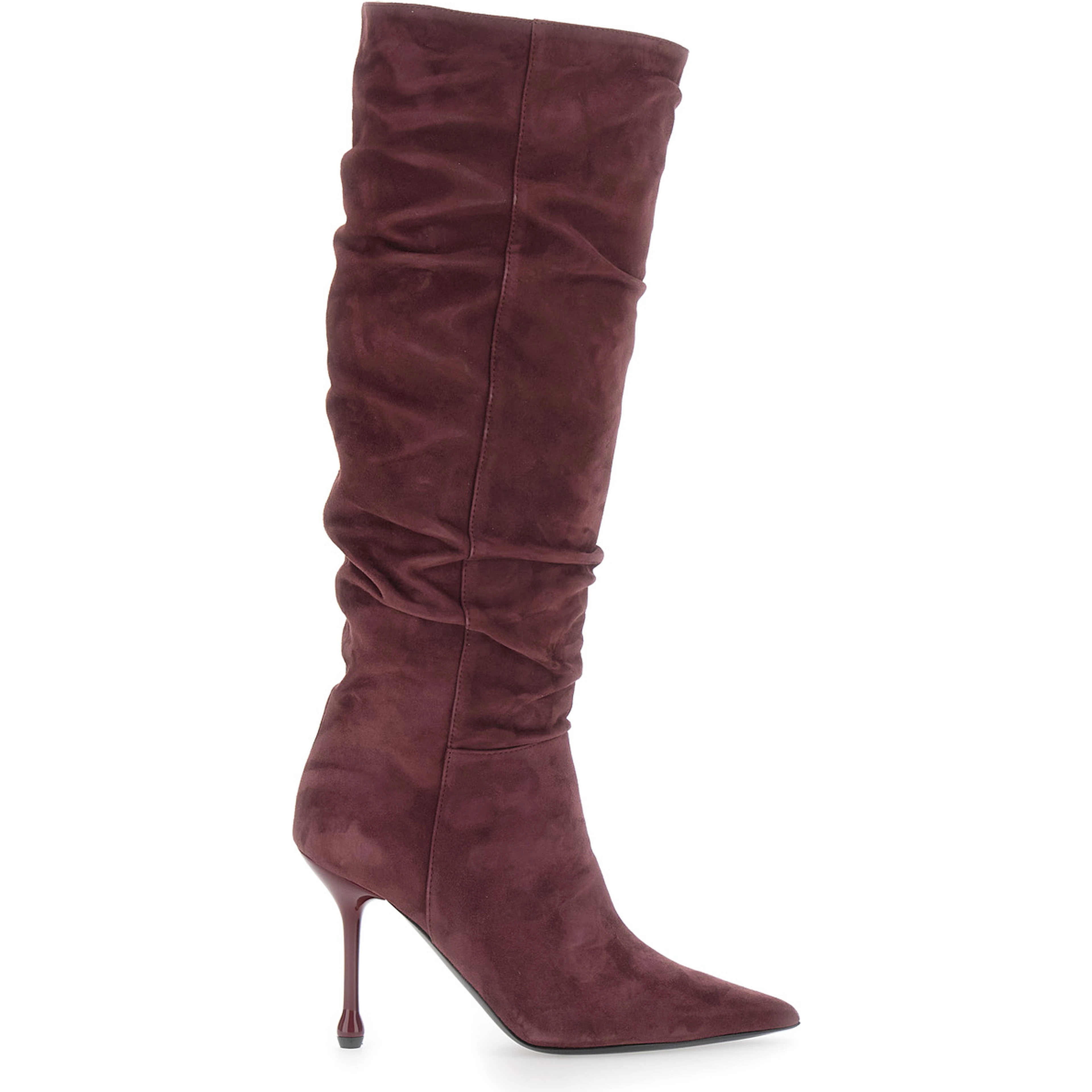 Bordeaux suede knee-high boots with 90 mm heel for women