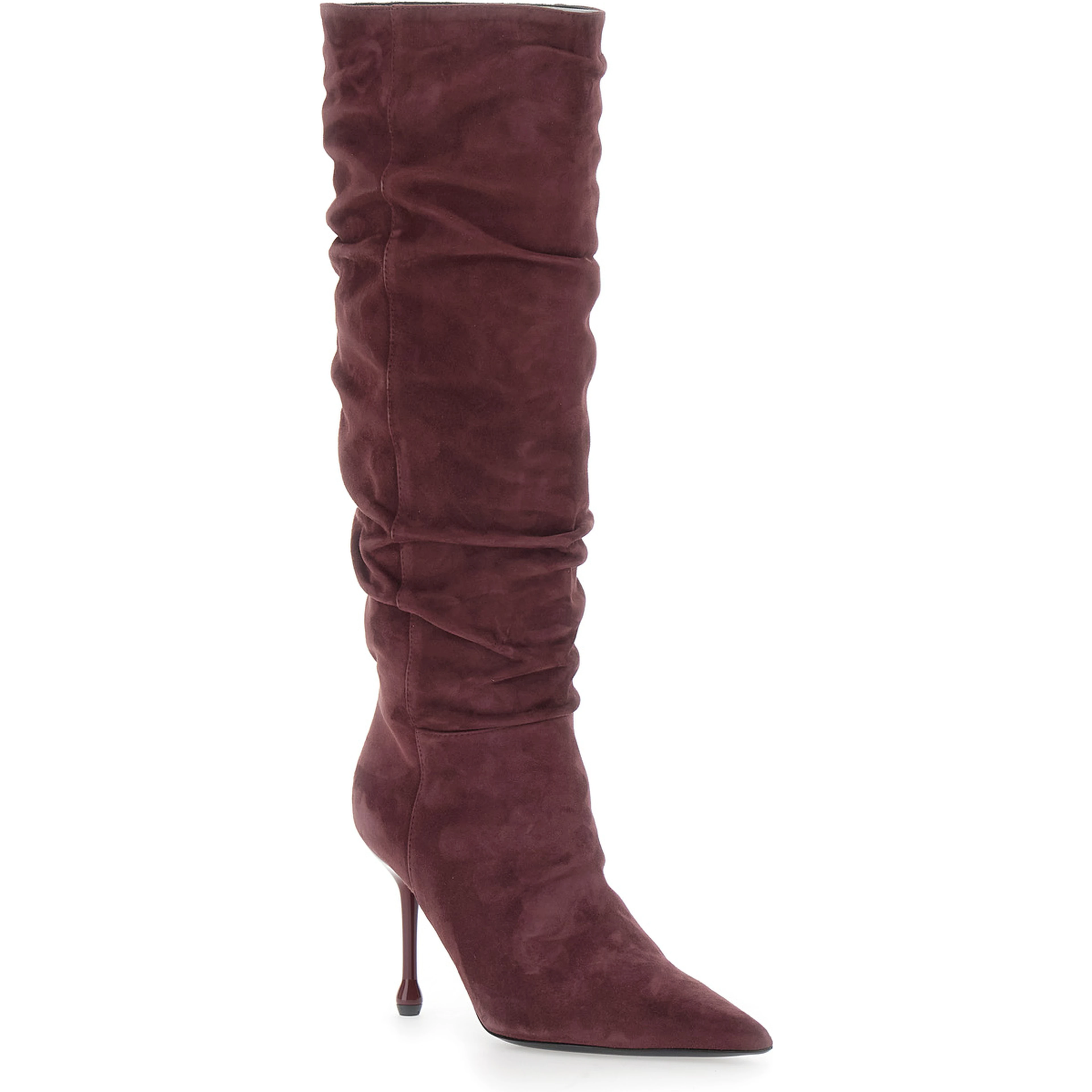 Bordeaux suede knee-high boots with 90 mm heel for women