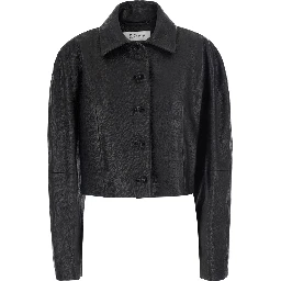 Black Cropped Jacket with Classic collar in Leather for Women