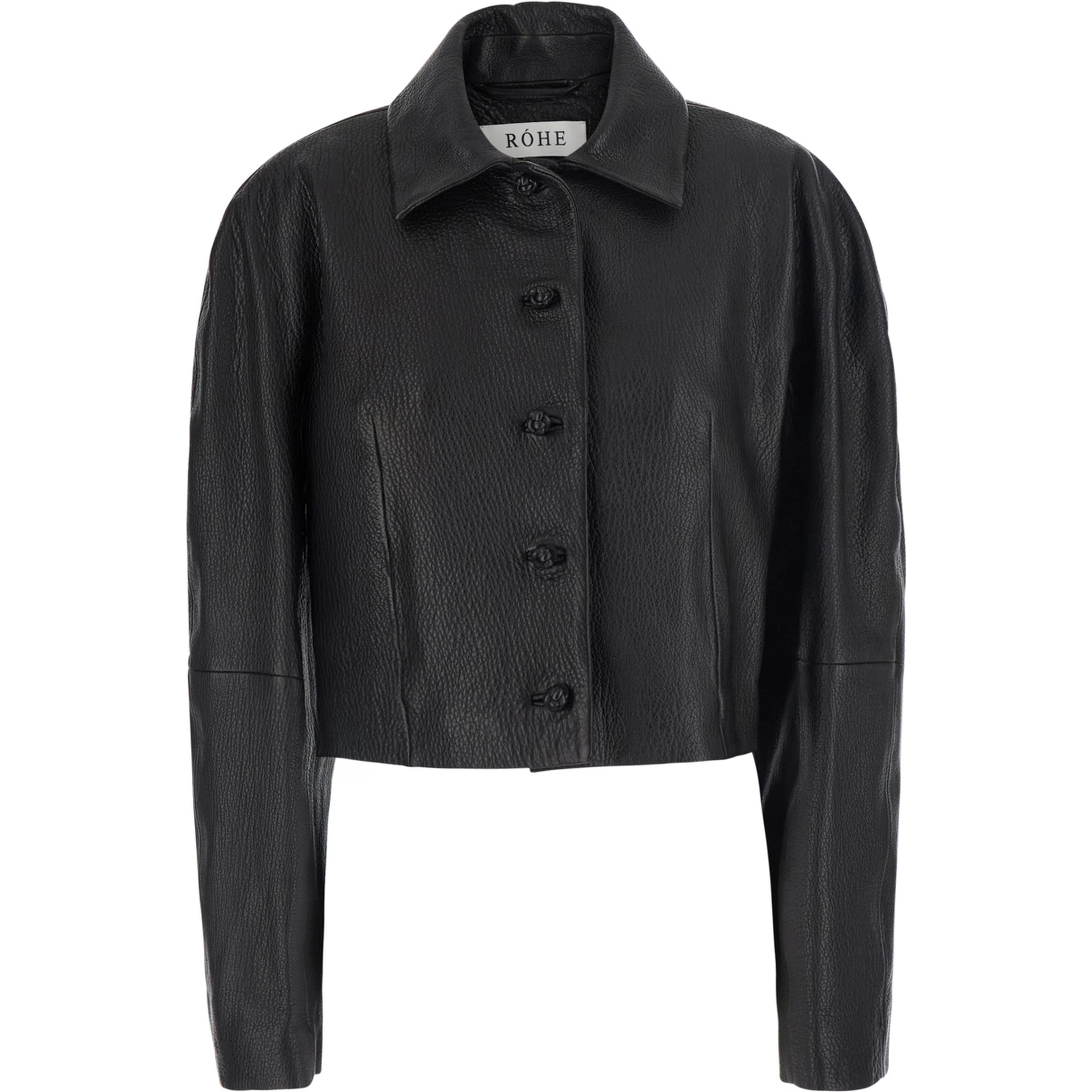 Black Cropped Jacket with Classic collar in Leather for Women