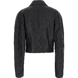Black Cropped Jacket with Classic collar in Leather for Women
