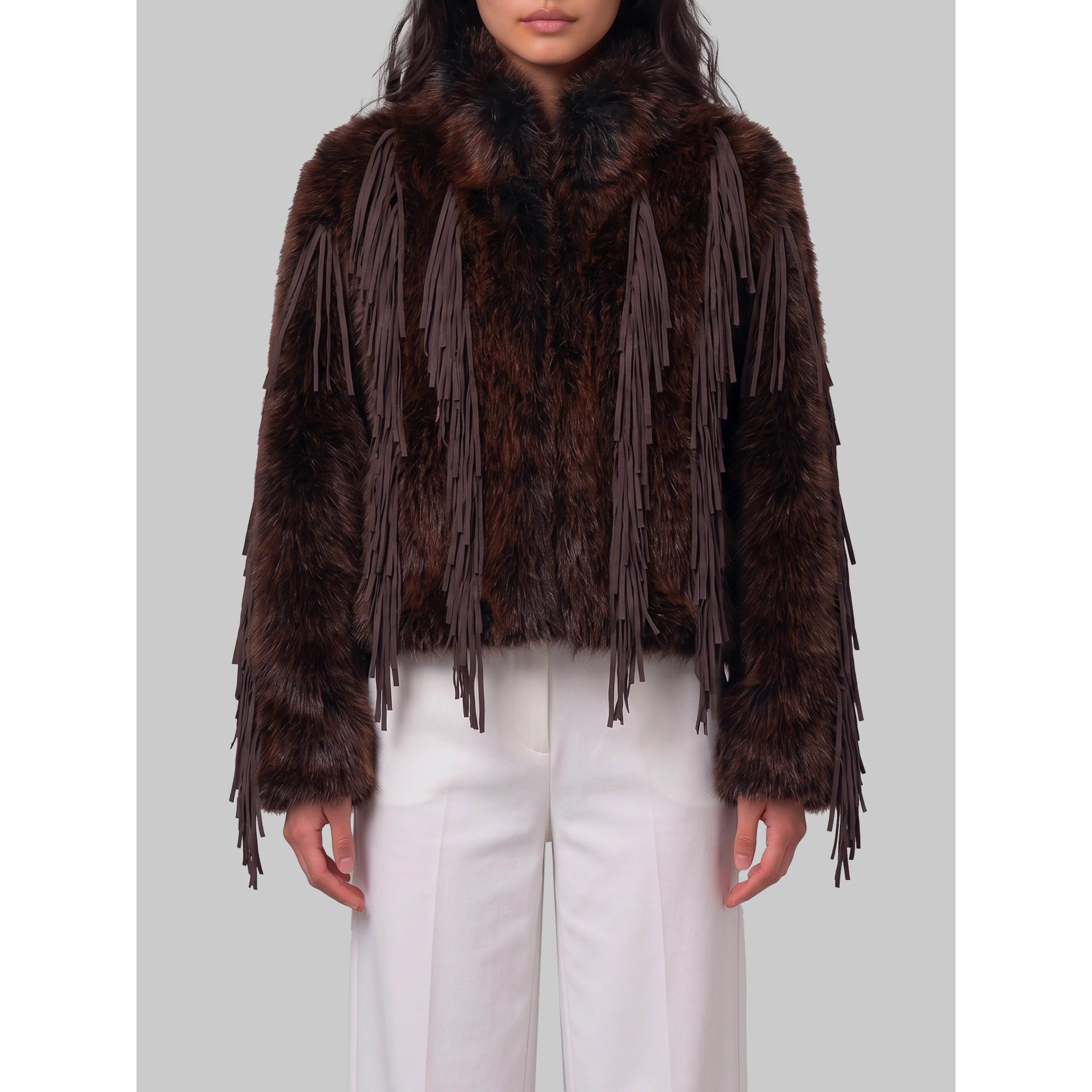 Faux fur jacket with fringe