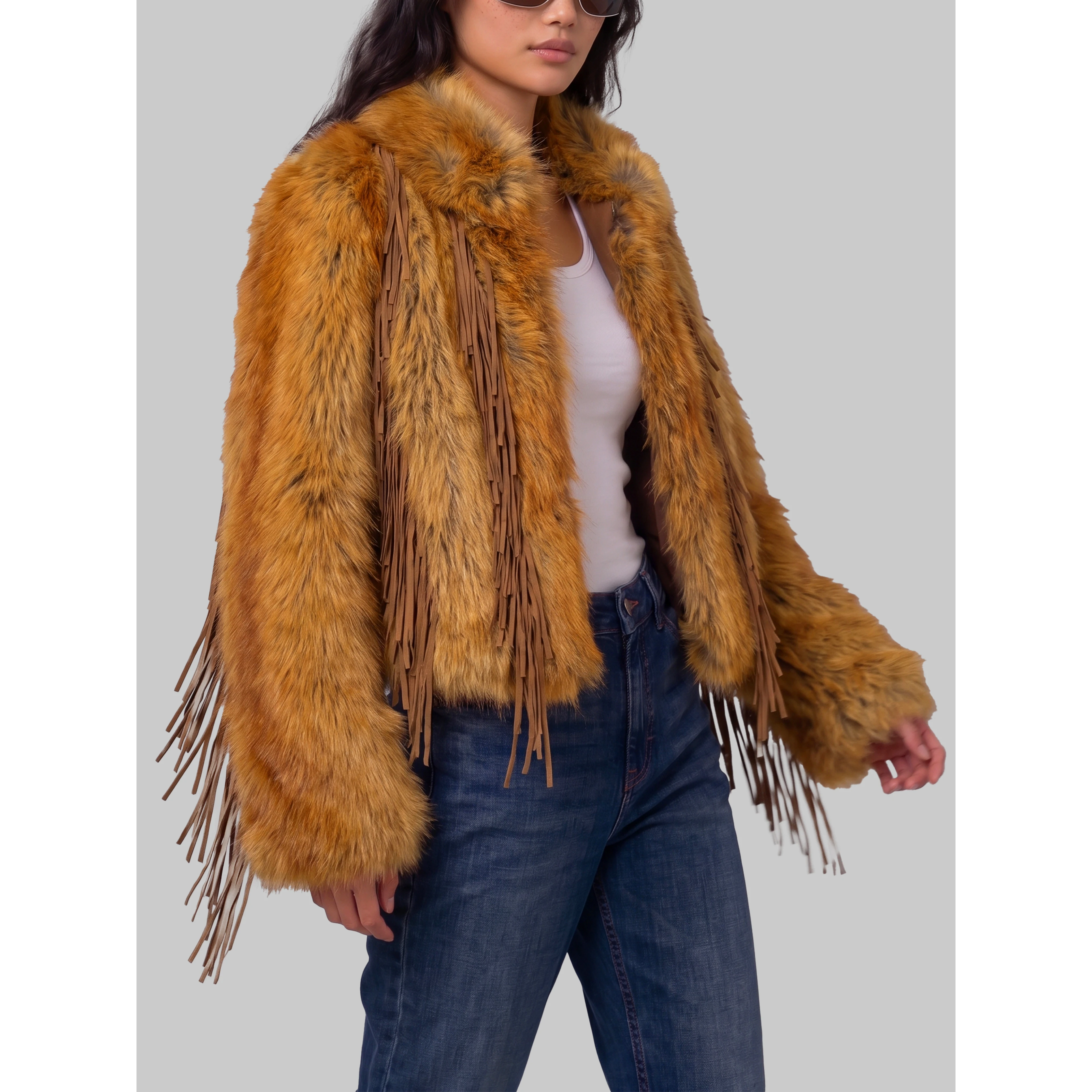 Faux fur jacket with fringe