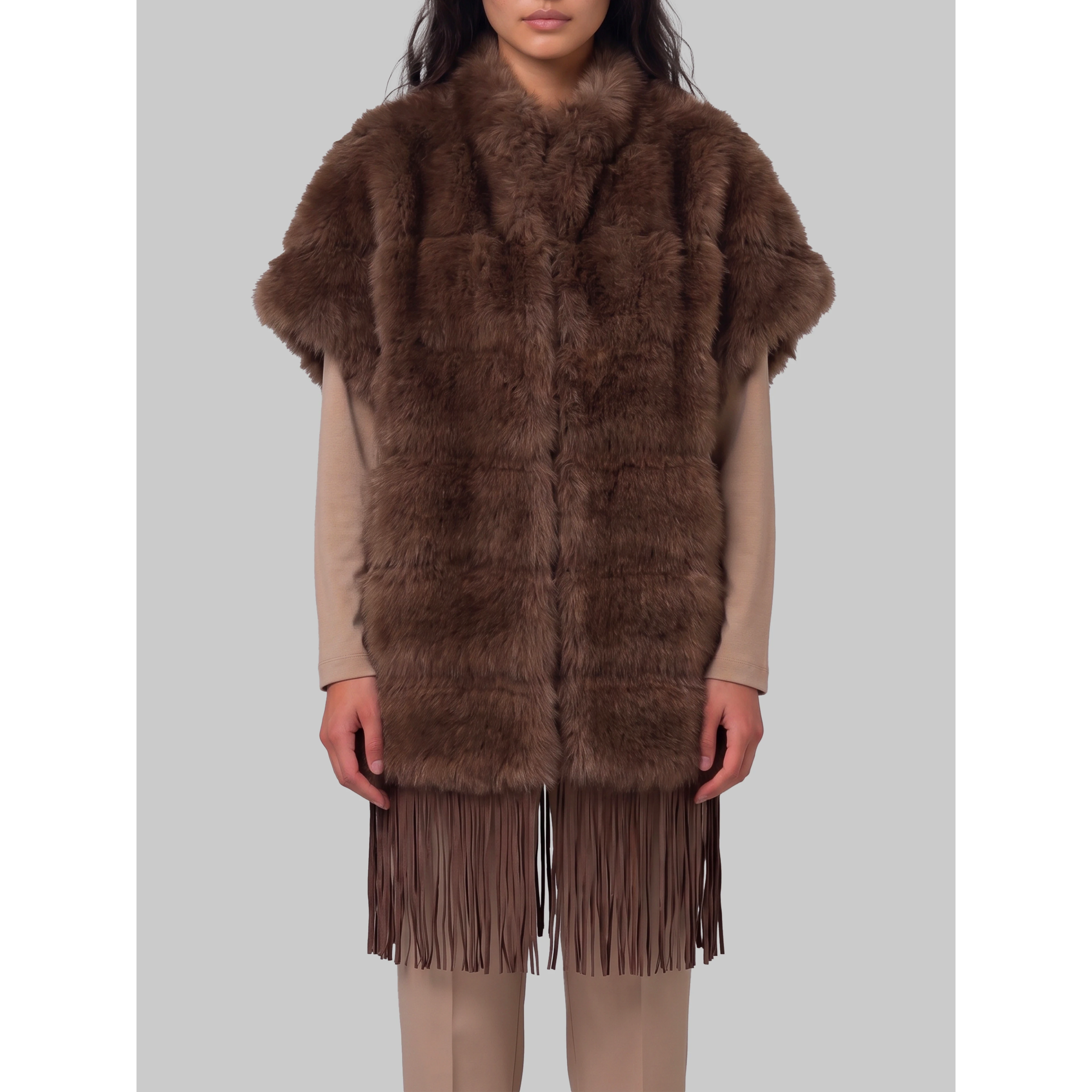 Faux fur cape with fringe