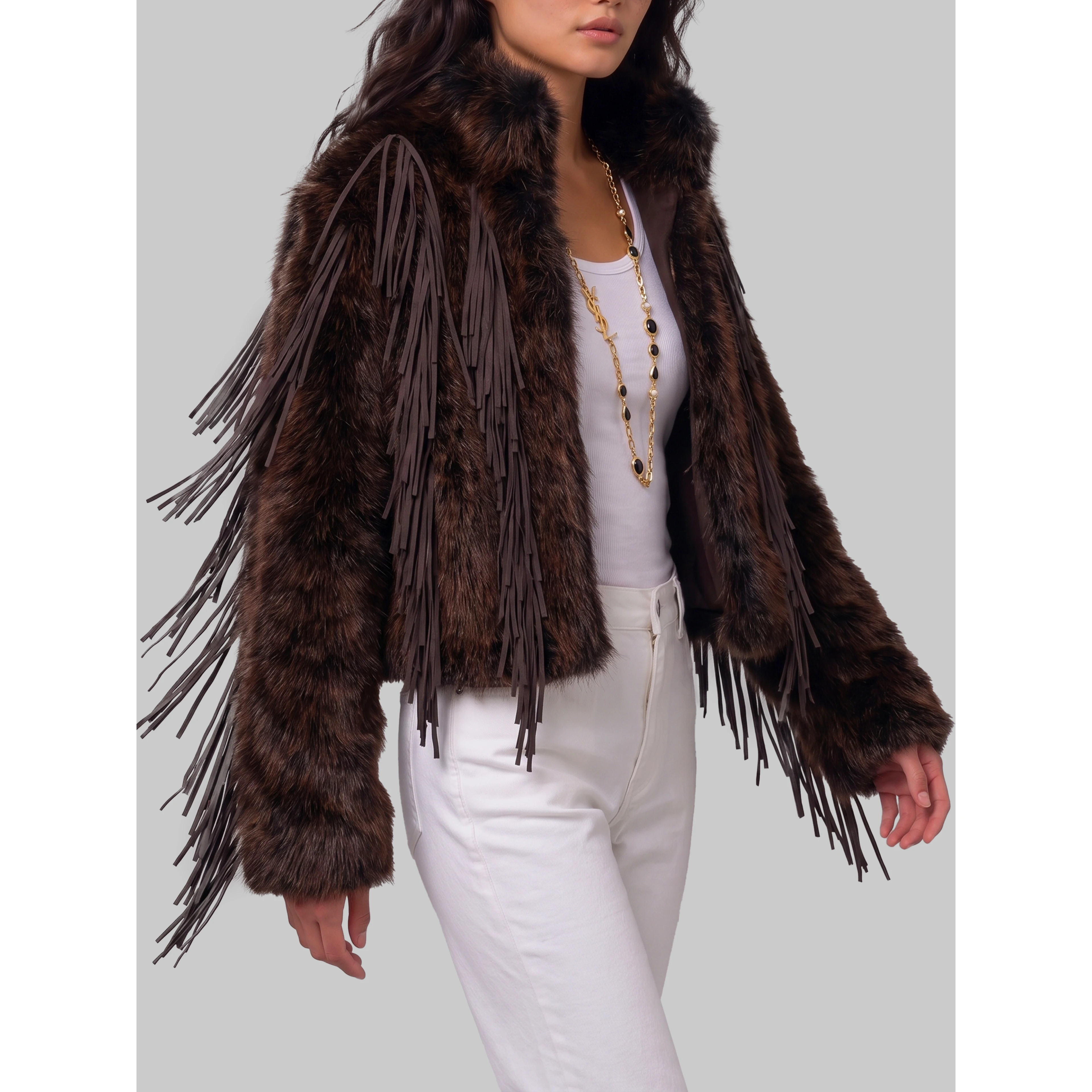 Faux fur jacket with fringe
