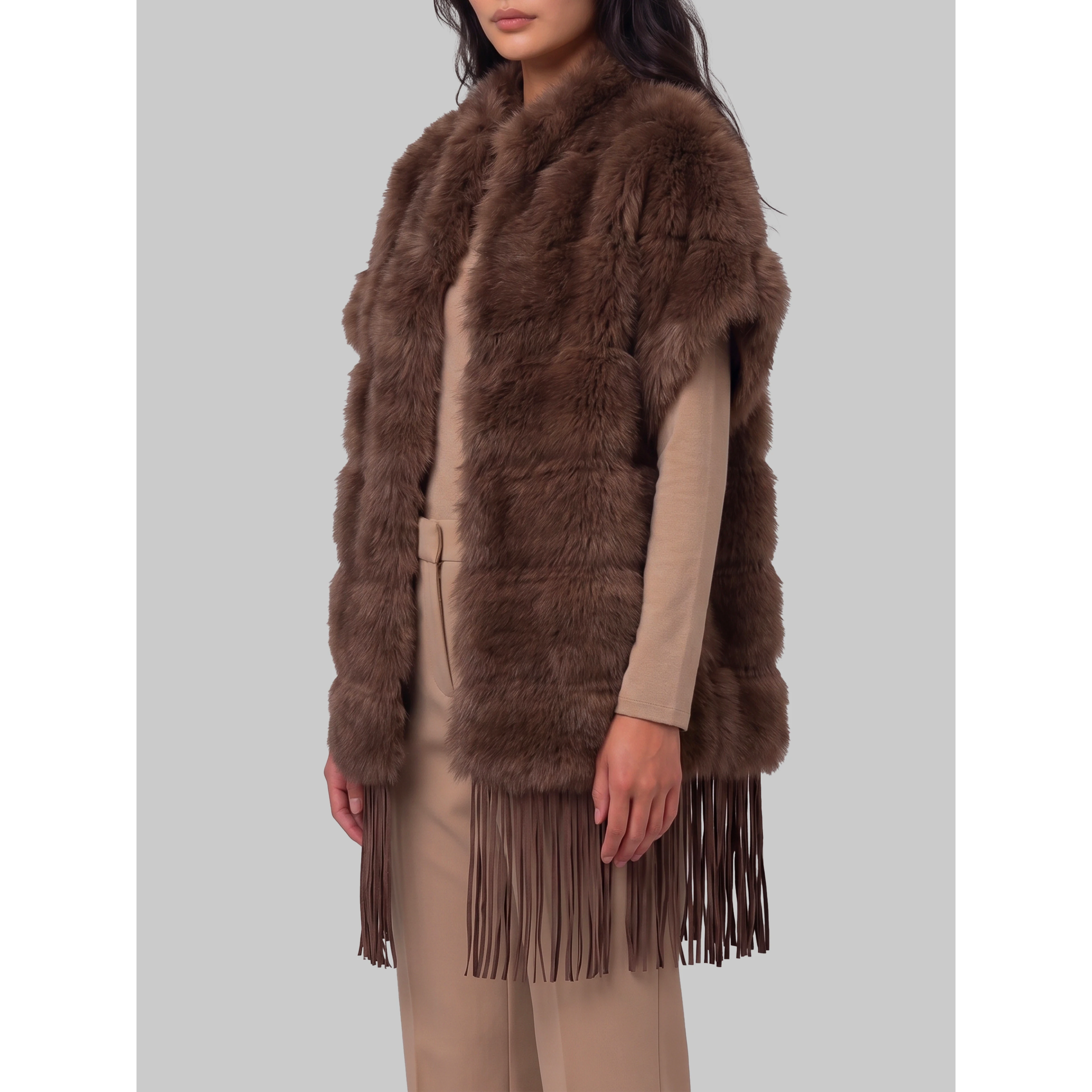 Faux fur cape with fringe