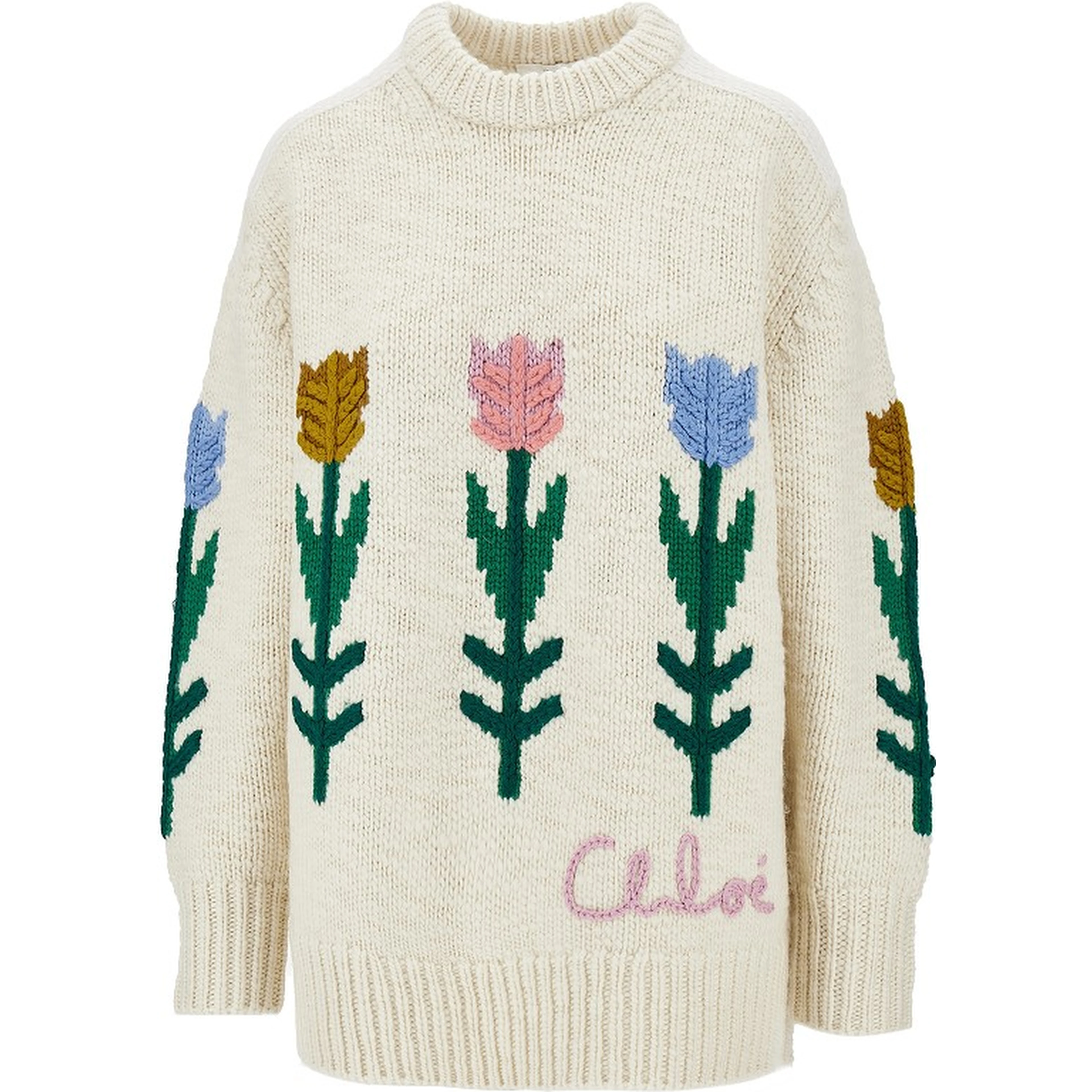 Flowers intarsia oversized wool sweater