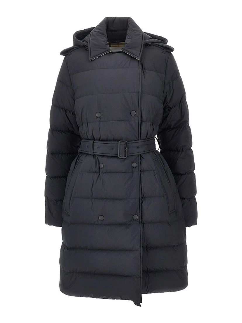 Knee-length down jacket with belt
