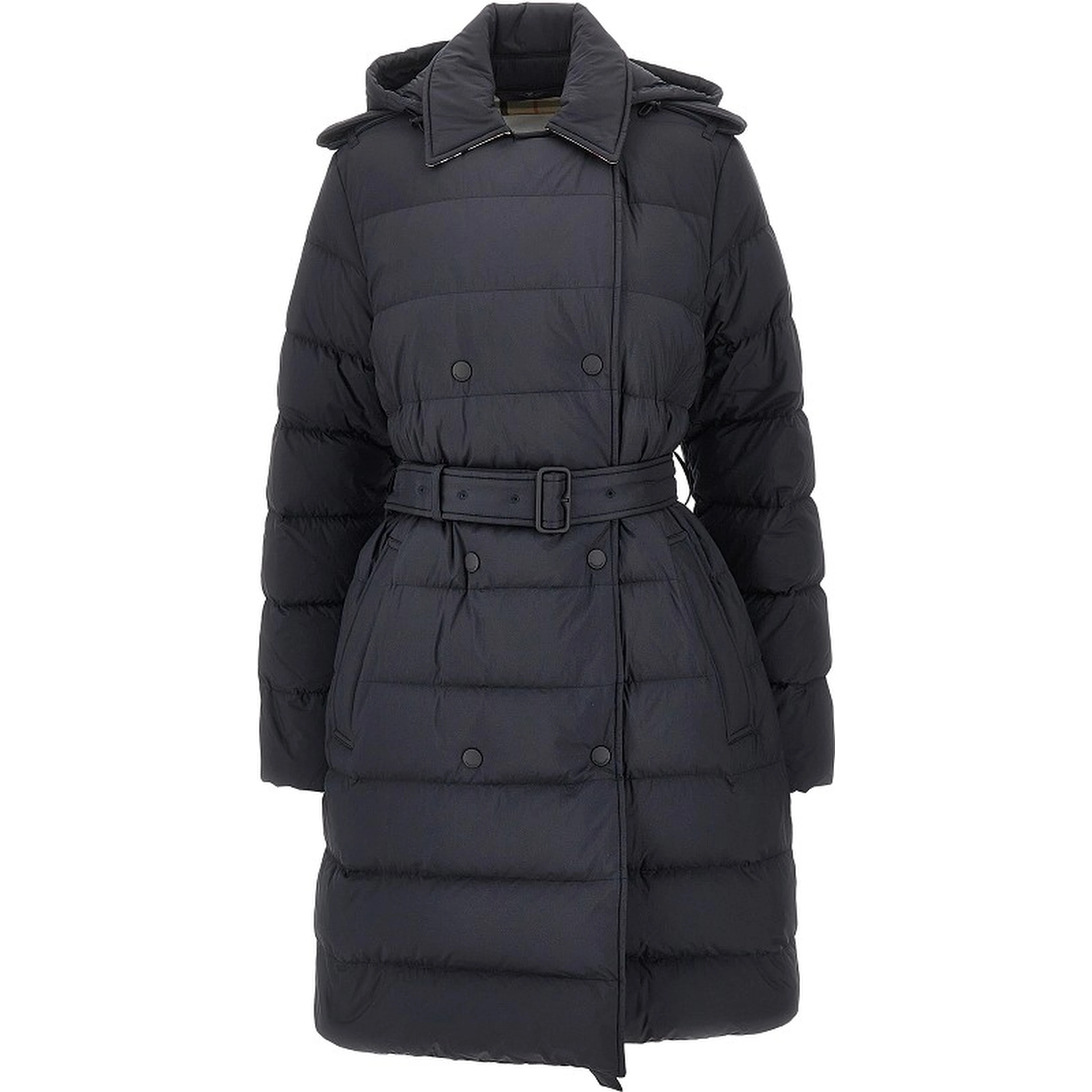 Knee-length down jacket with belt