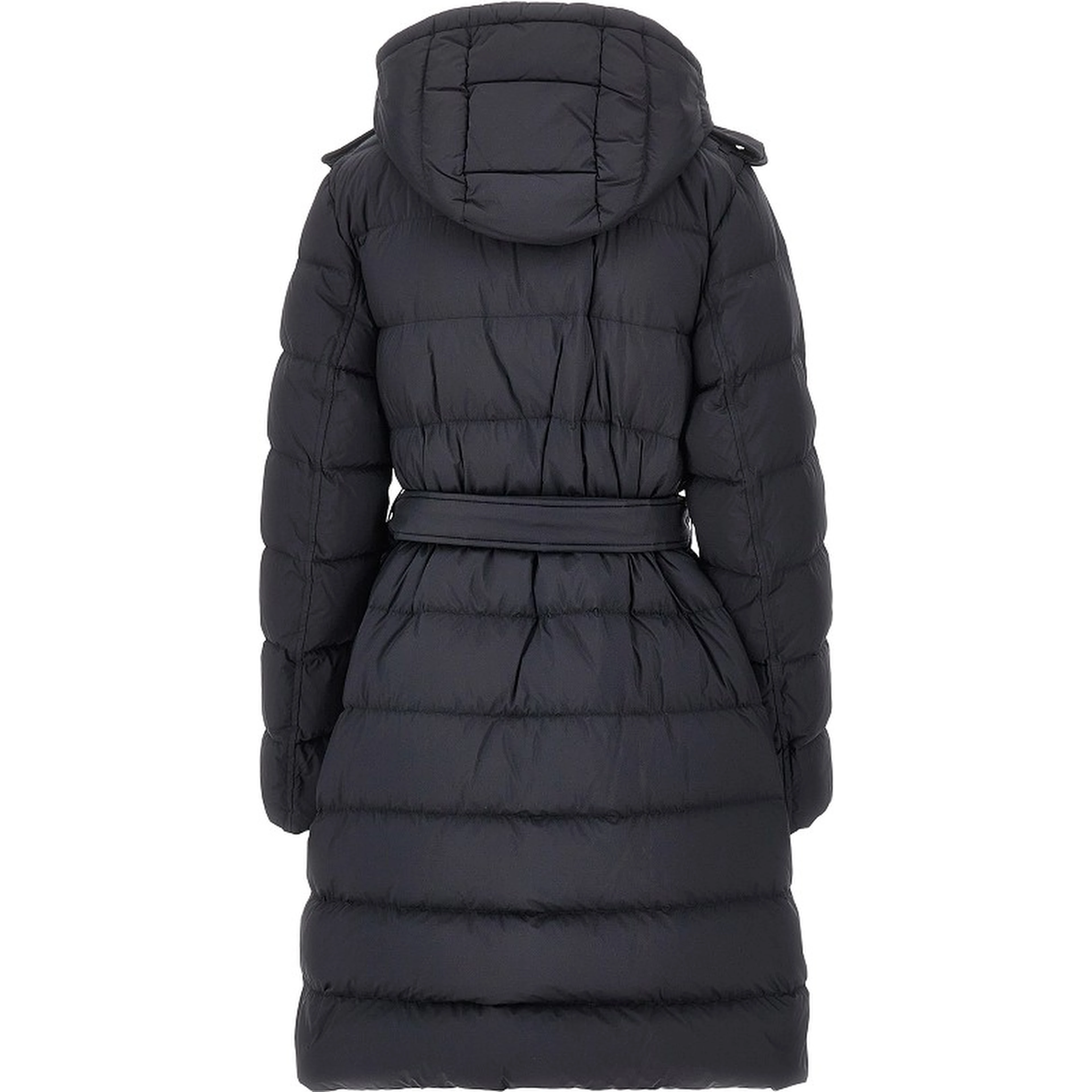 Knee-length down jacket with belt