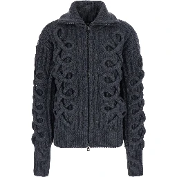 Cardigan in knit with collar and front closure, in wool, gray, unisex