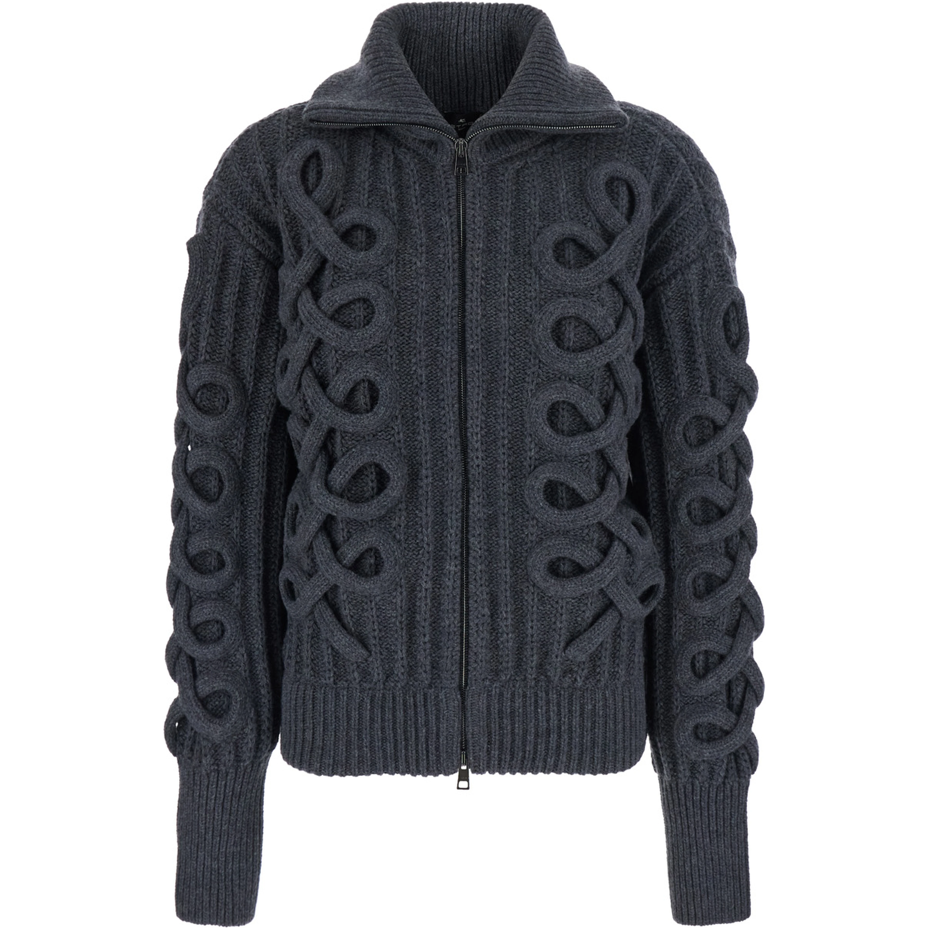 Cardigan in knit with collar and front closure, in wool, gray, unisex
