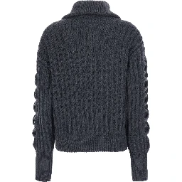 Cardigan in knit with collar and front closure, in wool, gray, unisex