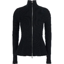 Peplum Cardigan with Engineered Stripes in Black Tech Fabric for Women