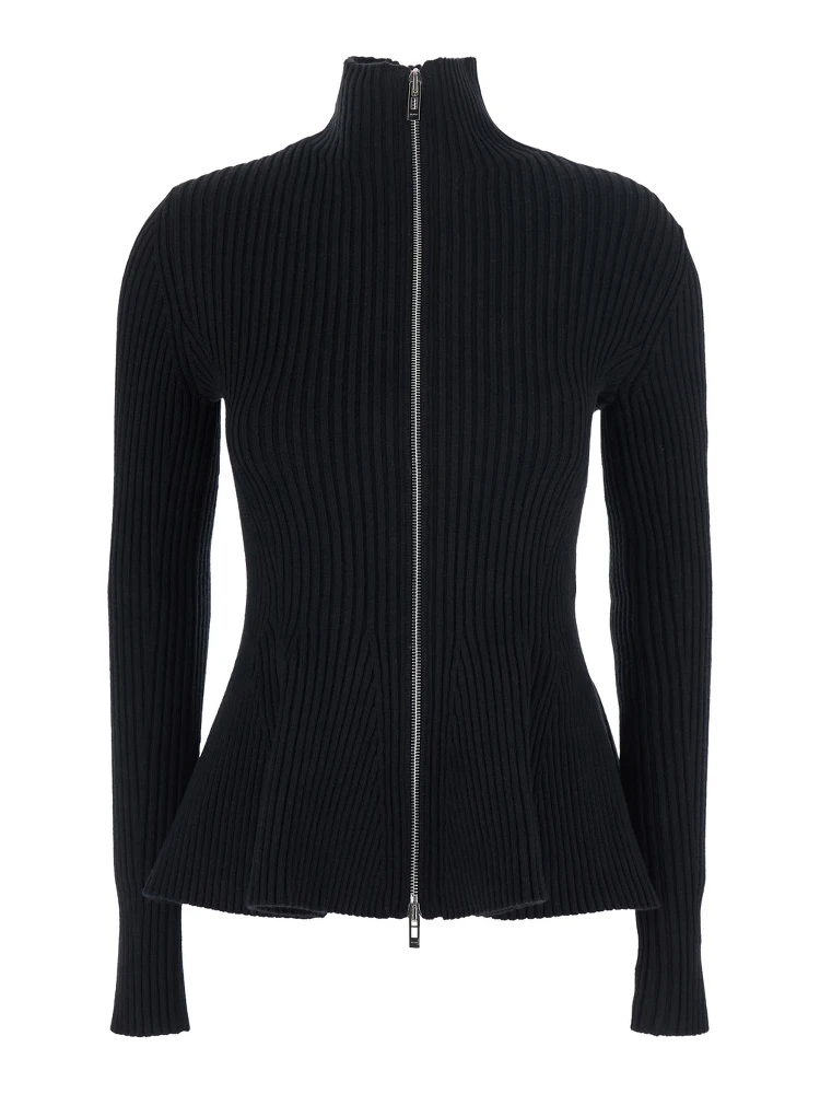 Peplum Cardigan with Engineered Stripes in Black Tech Fabric for Women