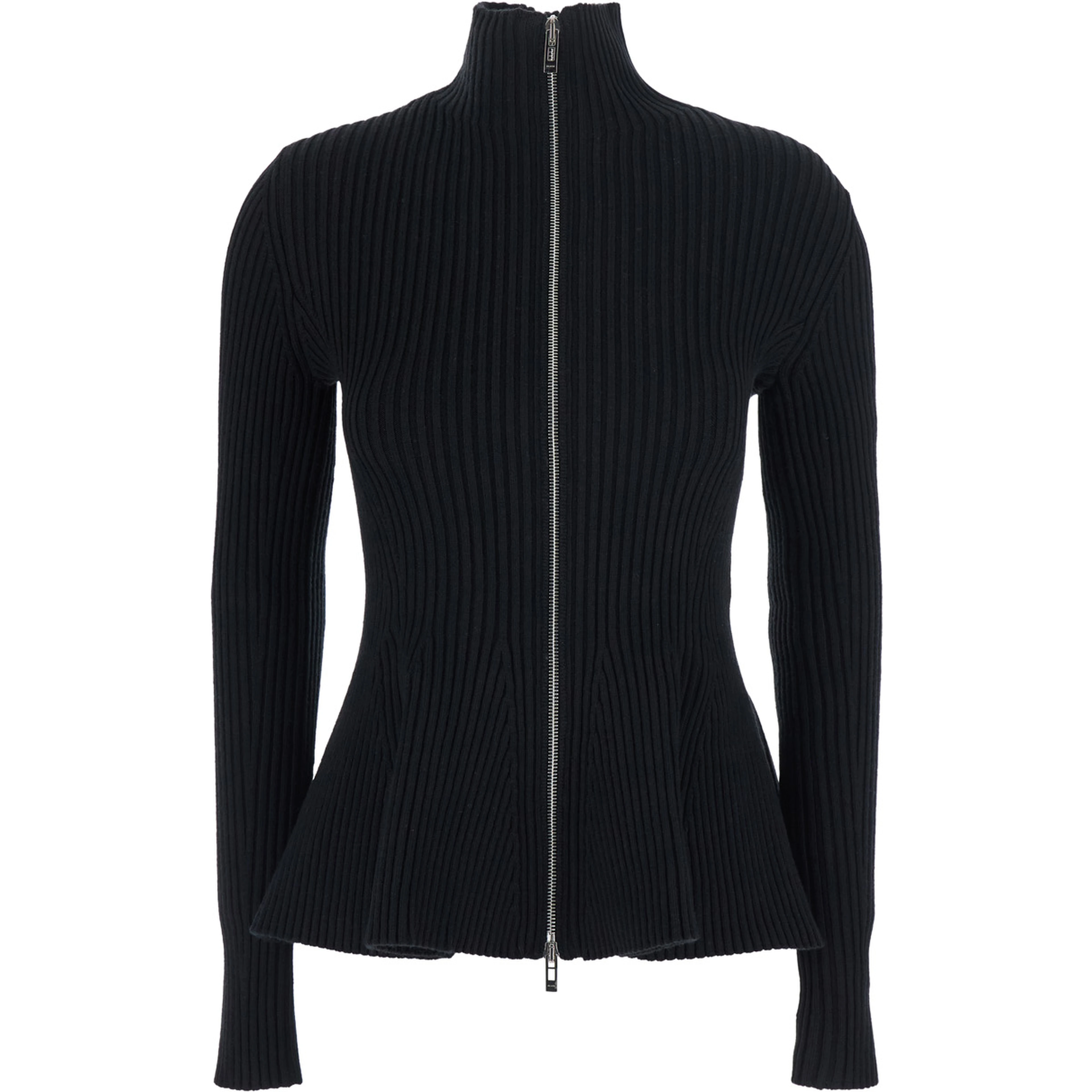 Peplum Cardigan with Engineered Stripes in Black Tech Fabric for Women