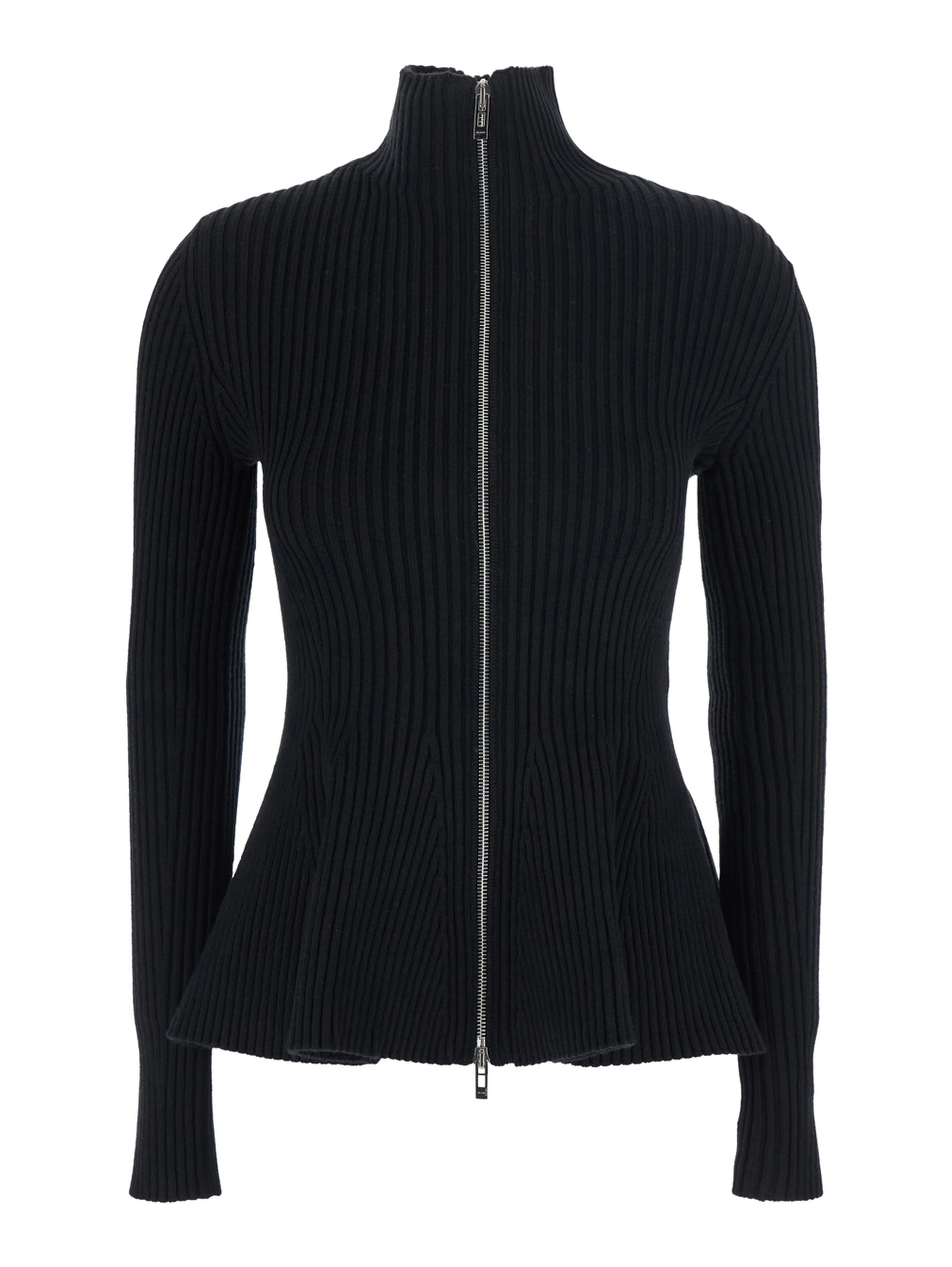 Peplum Cardigan with Engineered Stripes in Black Tech Fabric for Women