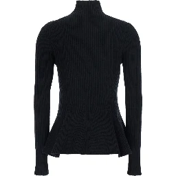 Peplum Cardigan with Engineered Stripes in Black Tech Fabric for Women
