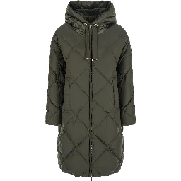 MAX MARA Long down jacket with shimmering drop-resistant nylon canvas and downproof Tech Fabric in green, unisex