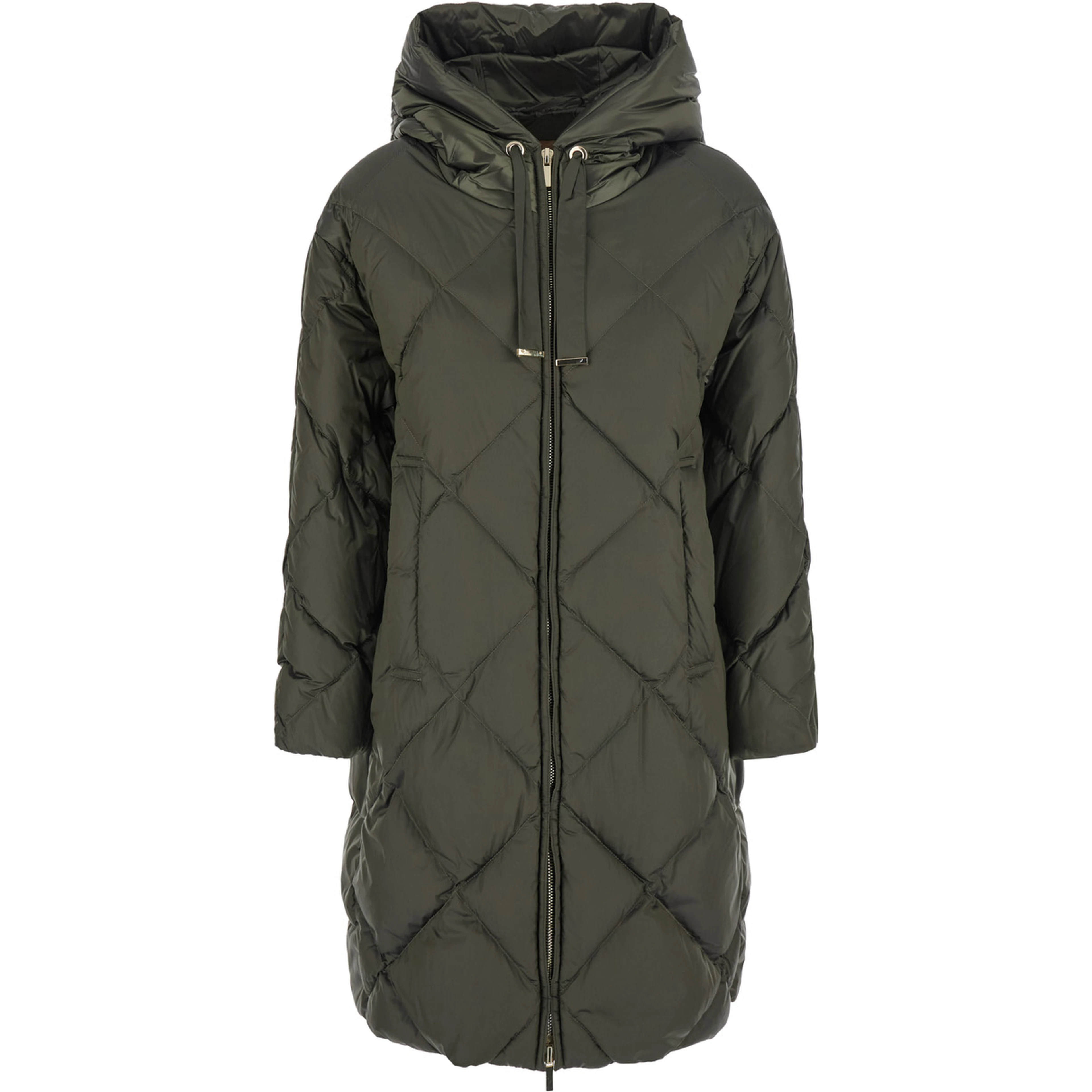 MAX MARA Long down jacket with shimmering drop-resistant nylon canvas and downproof Tech Fabric in green, unisex