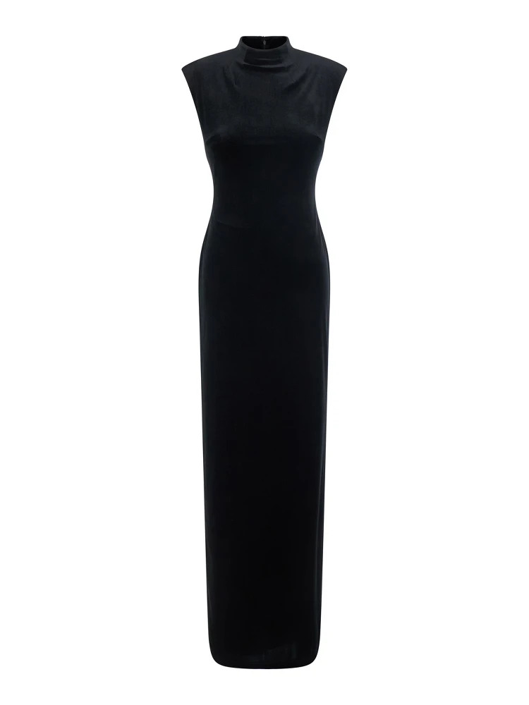 Long dress with long sleeves and V-neck in black Tech Fabric for women