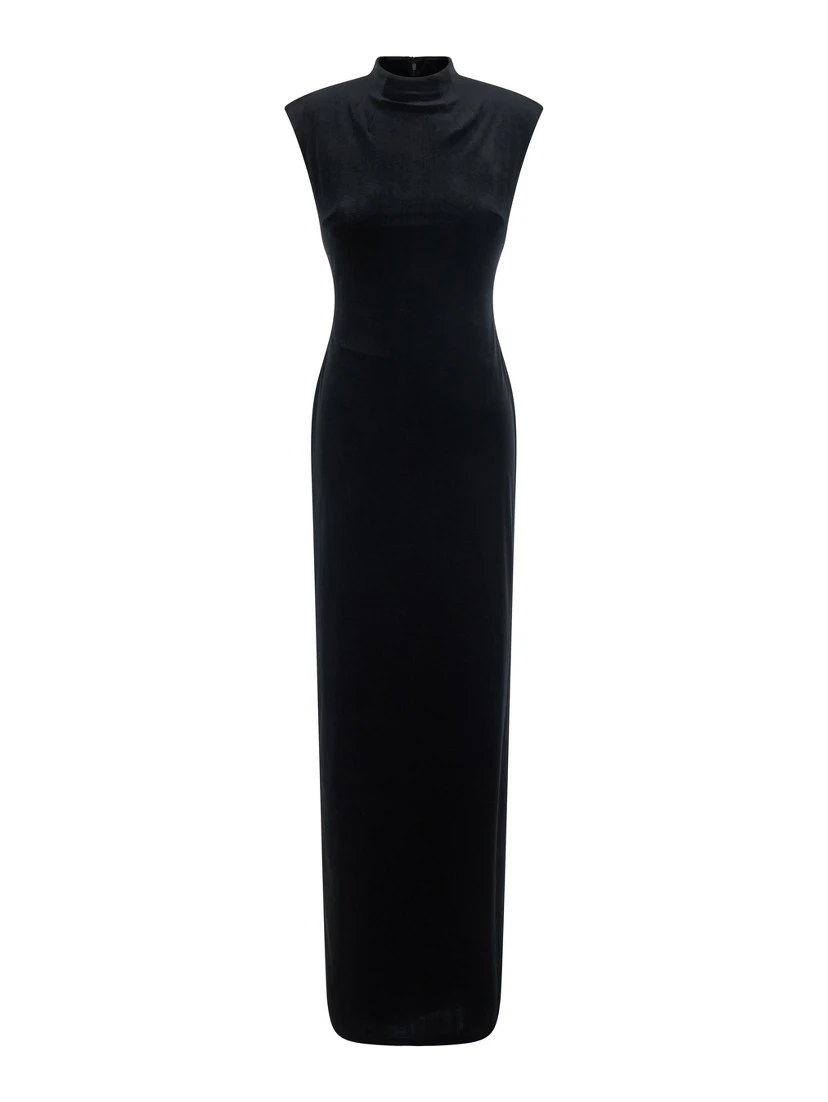 Long dress with long sleeves and V-neck in black Tech Fabric for women