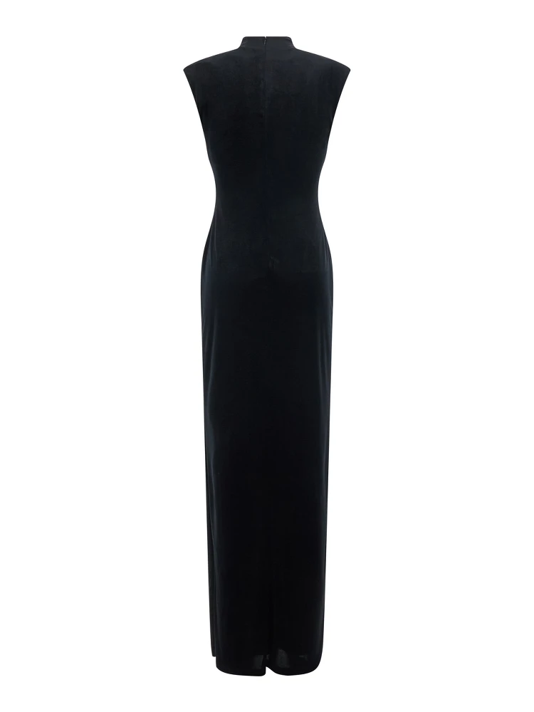 Long dress with long sleeves and V-neck in black Tech Fabric for women alternative