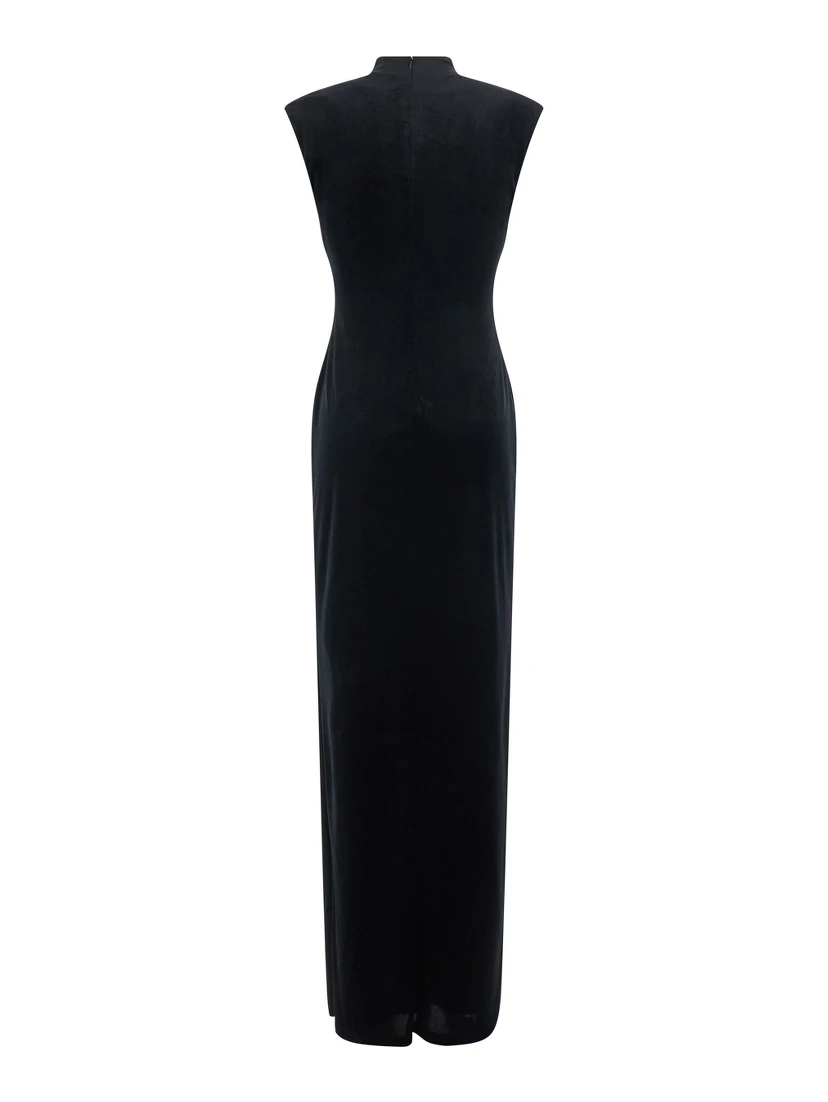 Long dress with long sleeves and V-neck in black Tech Fabric for women
