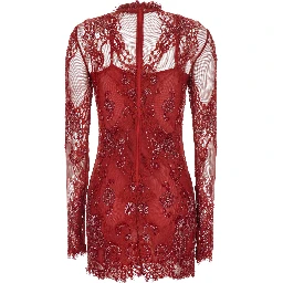 Dress with round collar and long sleeves in Tech Fabric red for women