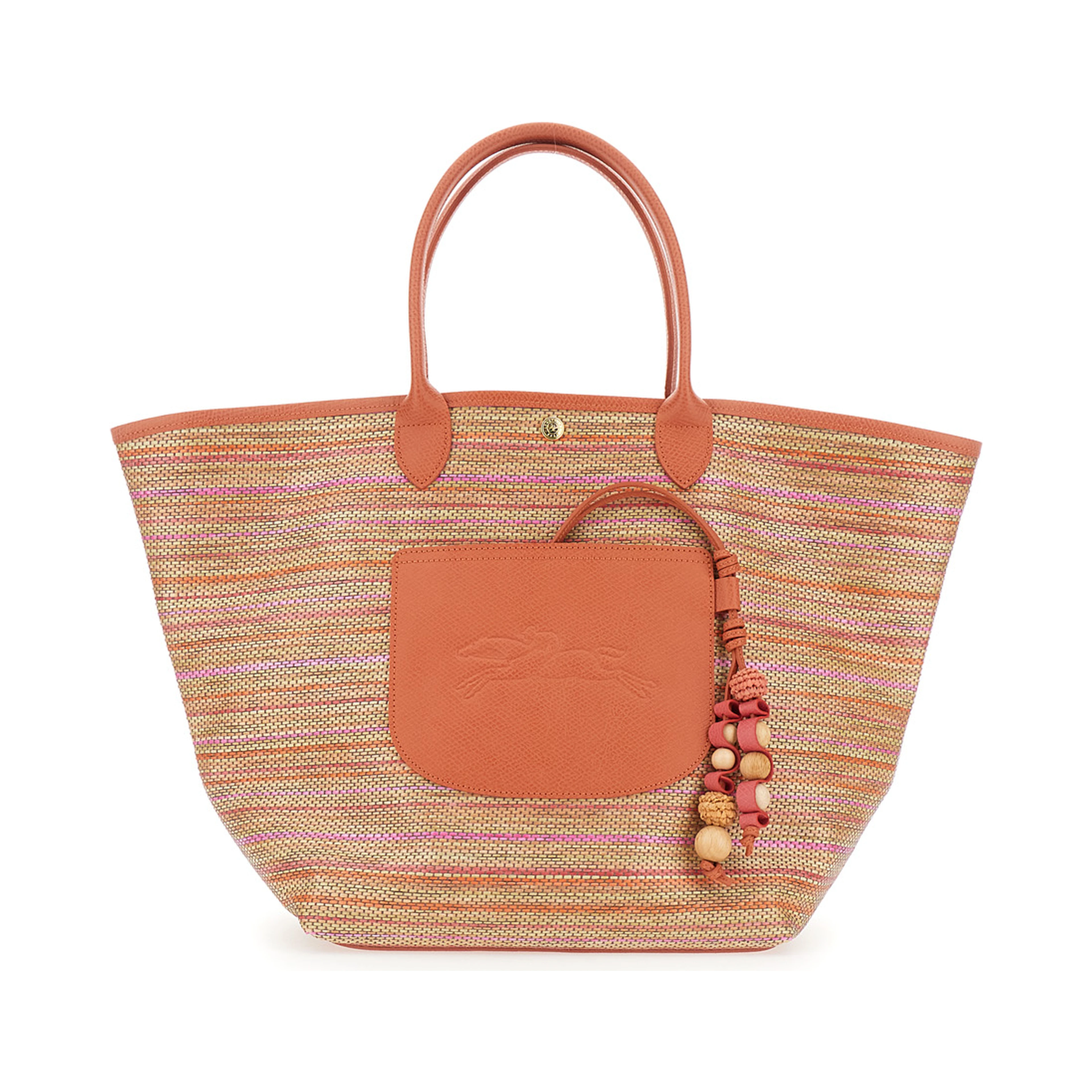 Le Panier Pliage Rainbow Orange Shoulder Bag with Charm on the Front and Striped Motif in Leather and Canvas Woman