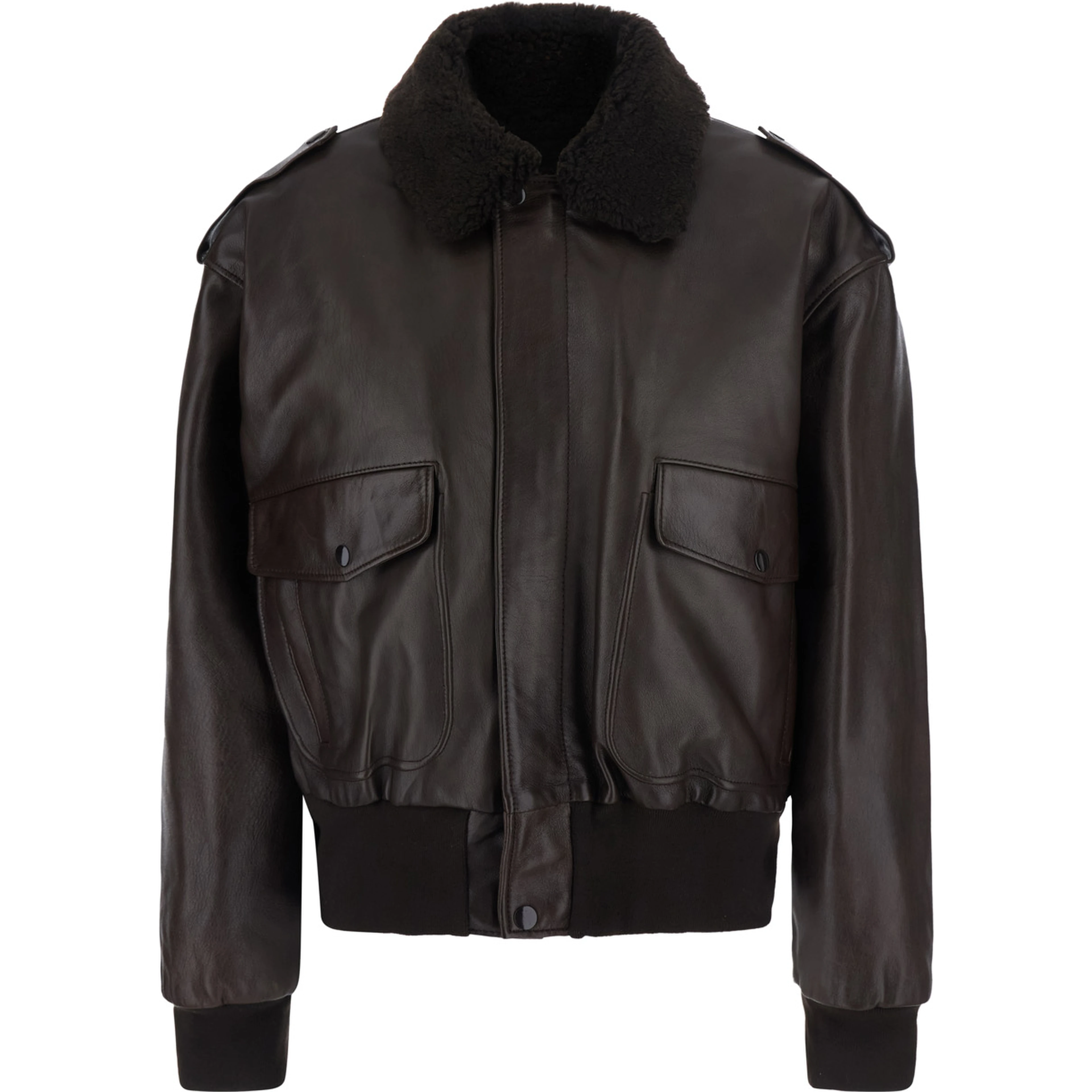 Aviator Jacket in Ecoleather with Shirt Collar and Pockets, Brown, Women