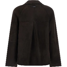 Brown suede womens raglan peacoat with collar and long sleeves