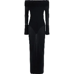 Off-Shoulder Dress with Wide Neckline and Long Sleeves in Black Merino for Women