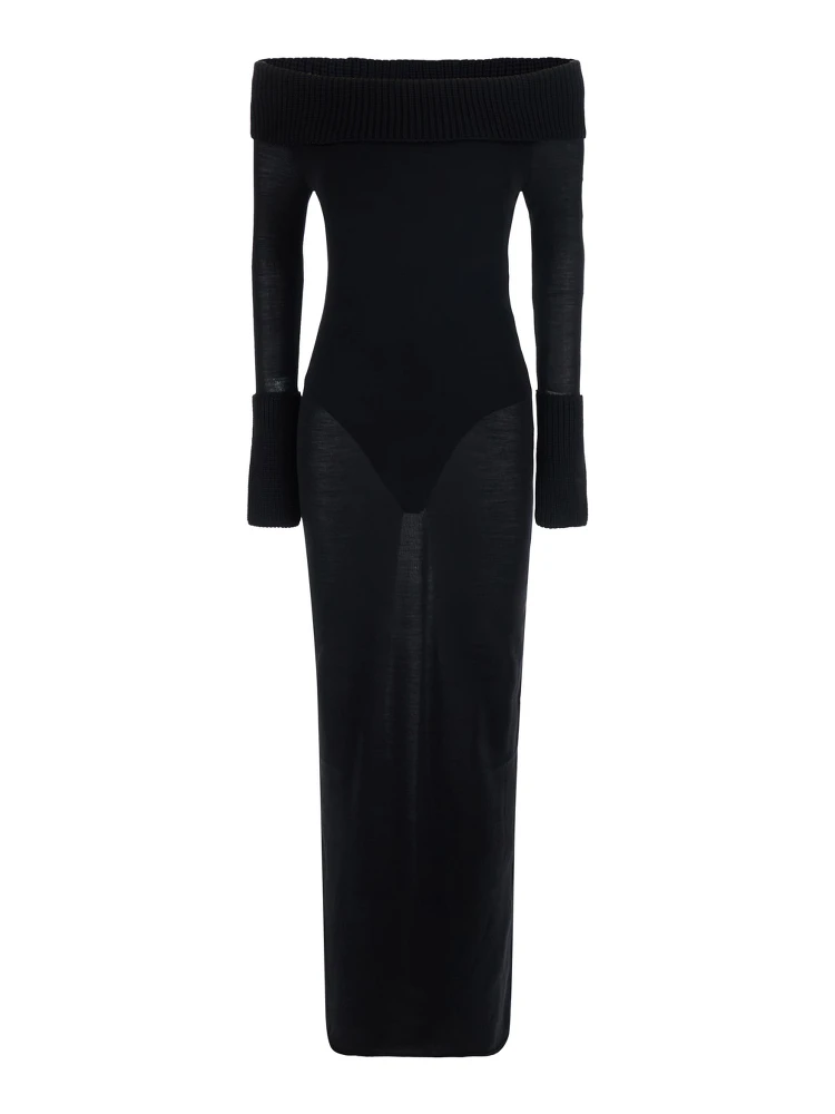 Off-Shoulder Dress with Wide Neckline and Long Sleeves in Black Merino for Women