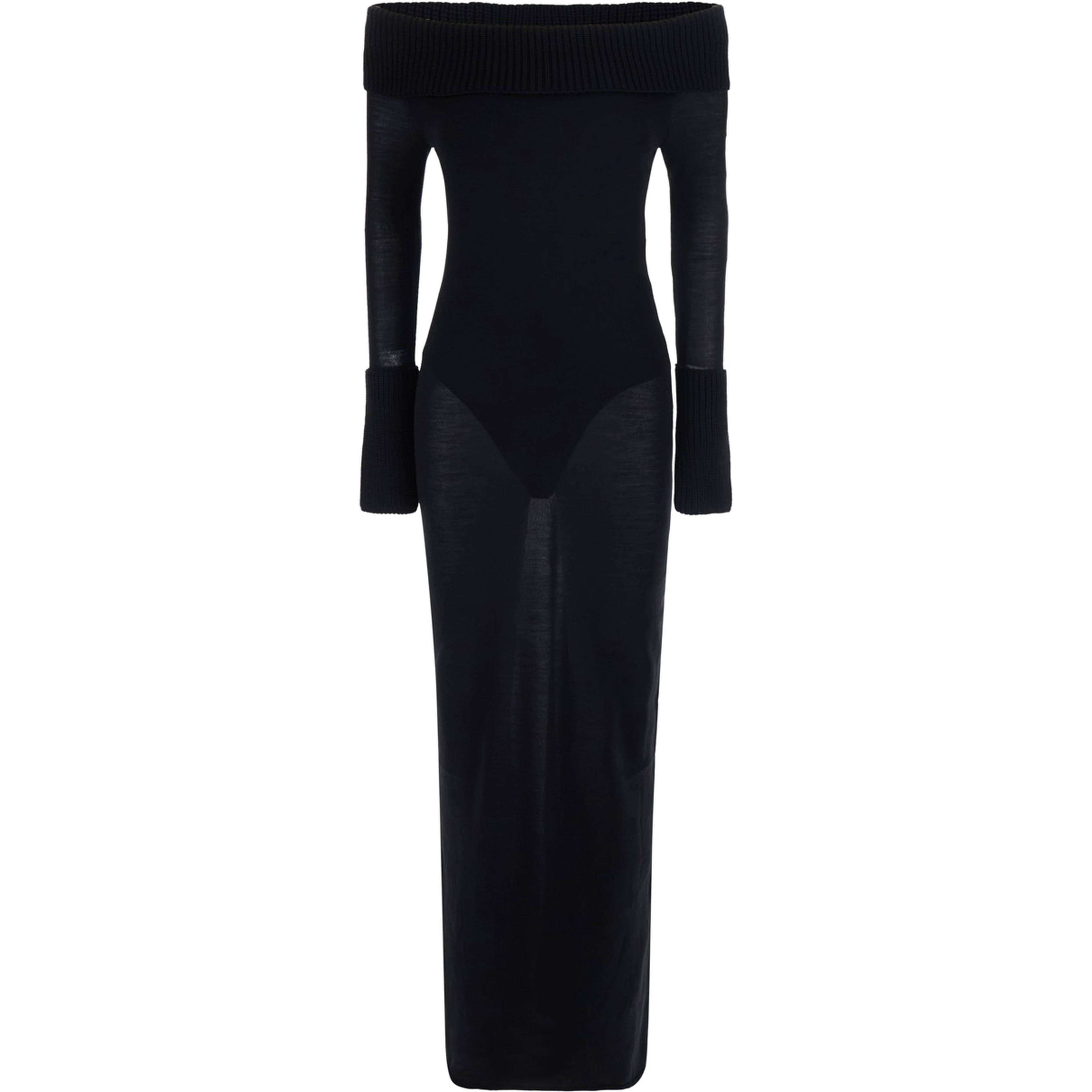 Off-Shoulder Dress with Wide Neckline and Long Sleeves in Black Merino for Women