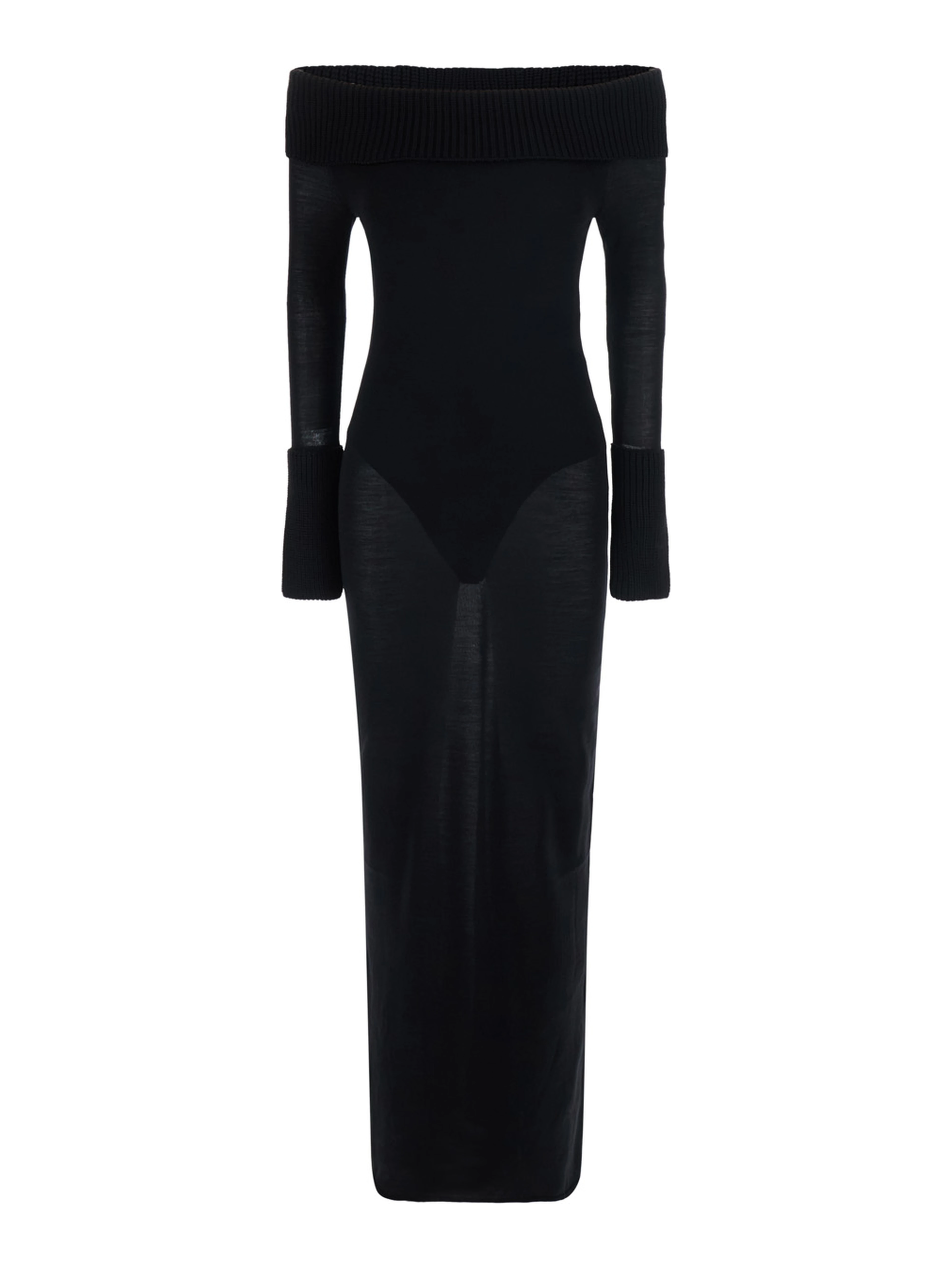 Off-Shoulder Dress with Wide Neckline and Long Sleeves in Black Merino for Women