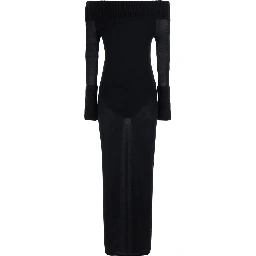 Off-Shoulder Dress with Wide Neckline and Long Sleeves in Black Merino for Women