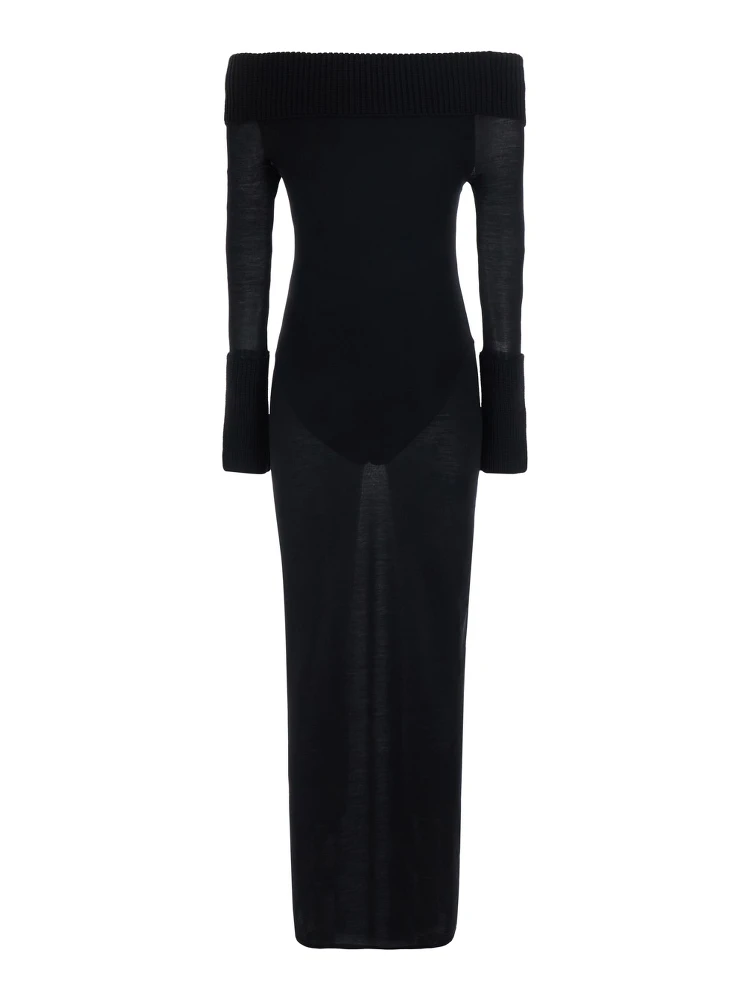 Off-Shoulder Dress with Wide Neckline and Long Sleeves in Black Merino for Women alternative
