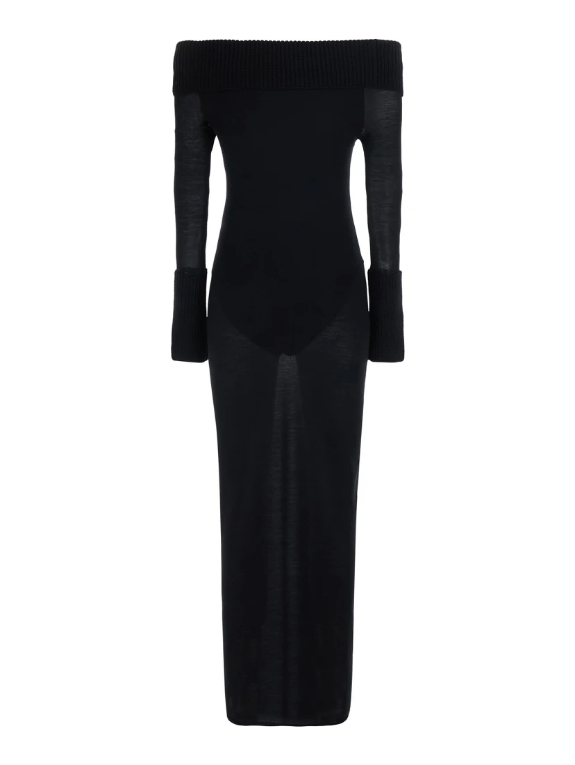 Off-Shoulder Dress with Wide Neckline and Long Sleeves in Black Merino for Women