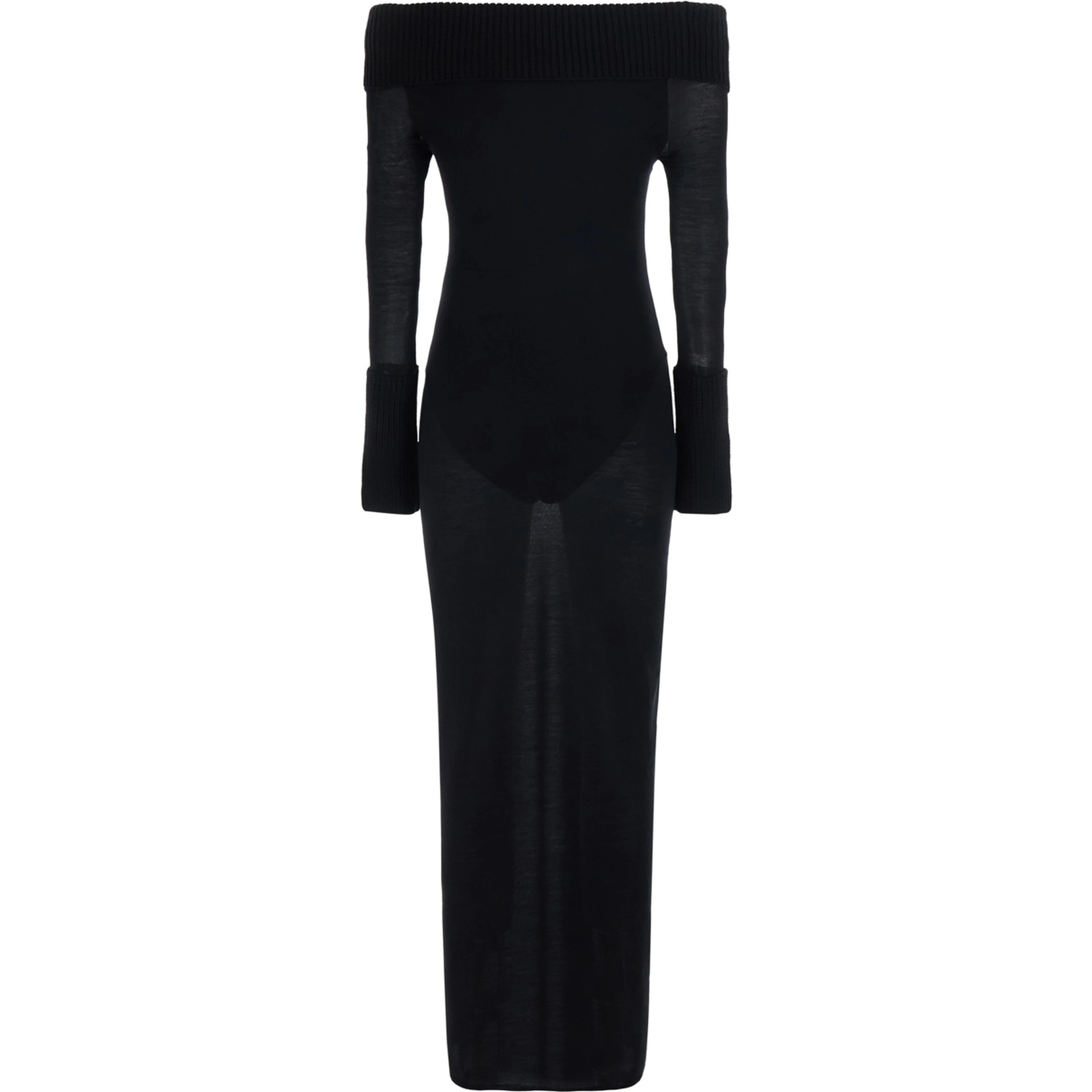 Off-Shoulder Dress with Wide Neckline and Long Sleeves in Black Merino for Women
