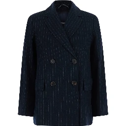 Jacket in pinstriped washed pure wool twill with blue virgin wool unisex