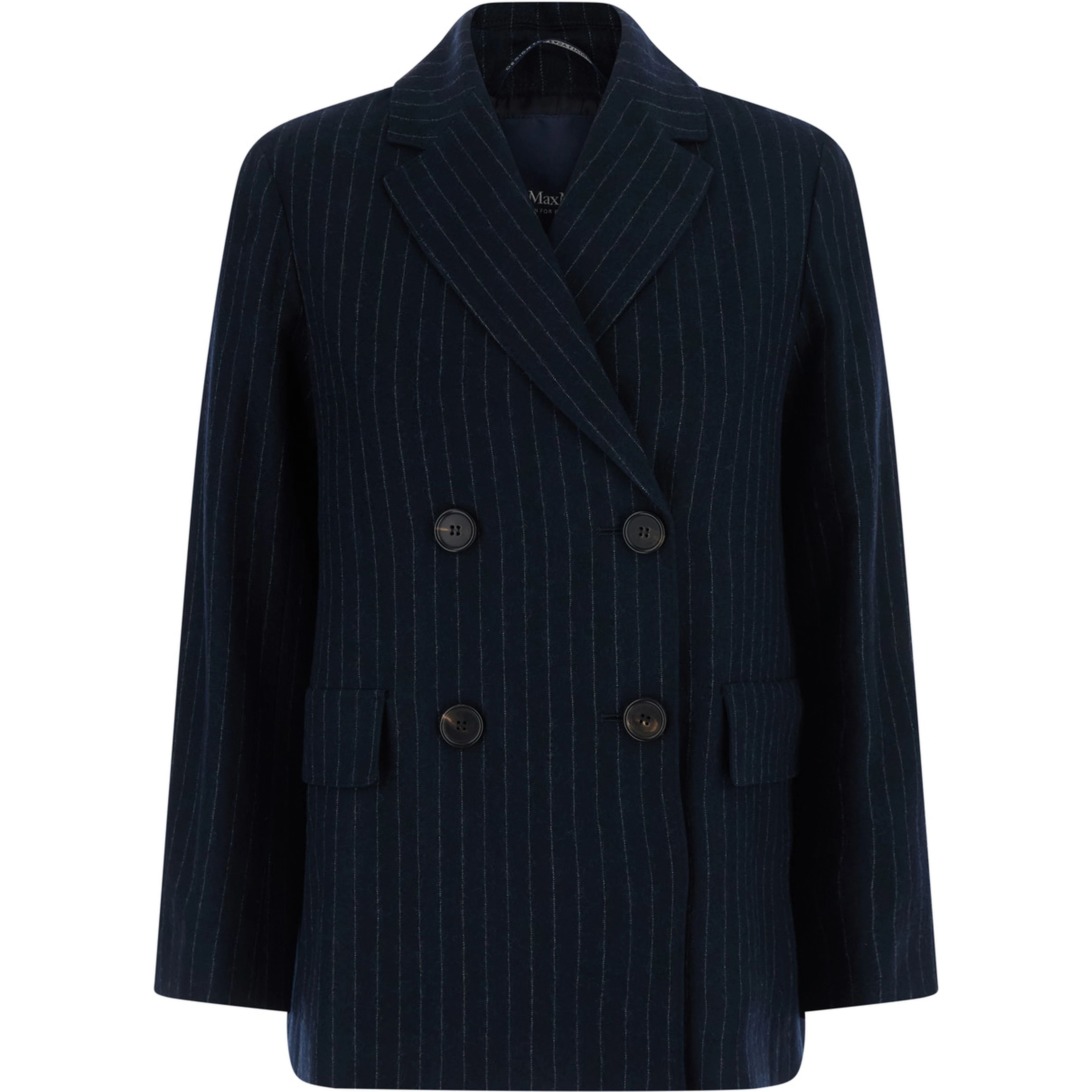 Jacket in pinstriped washed pure wool twill with blue virgin wool unisex