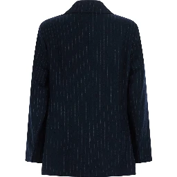 Jacket in pinstriped washed pure wool twill with blue virgin wool unisex