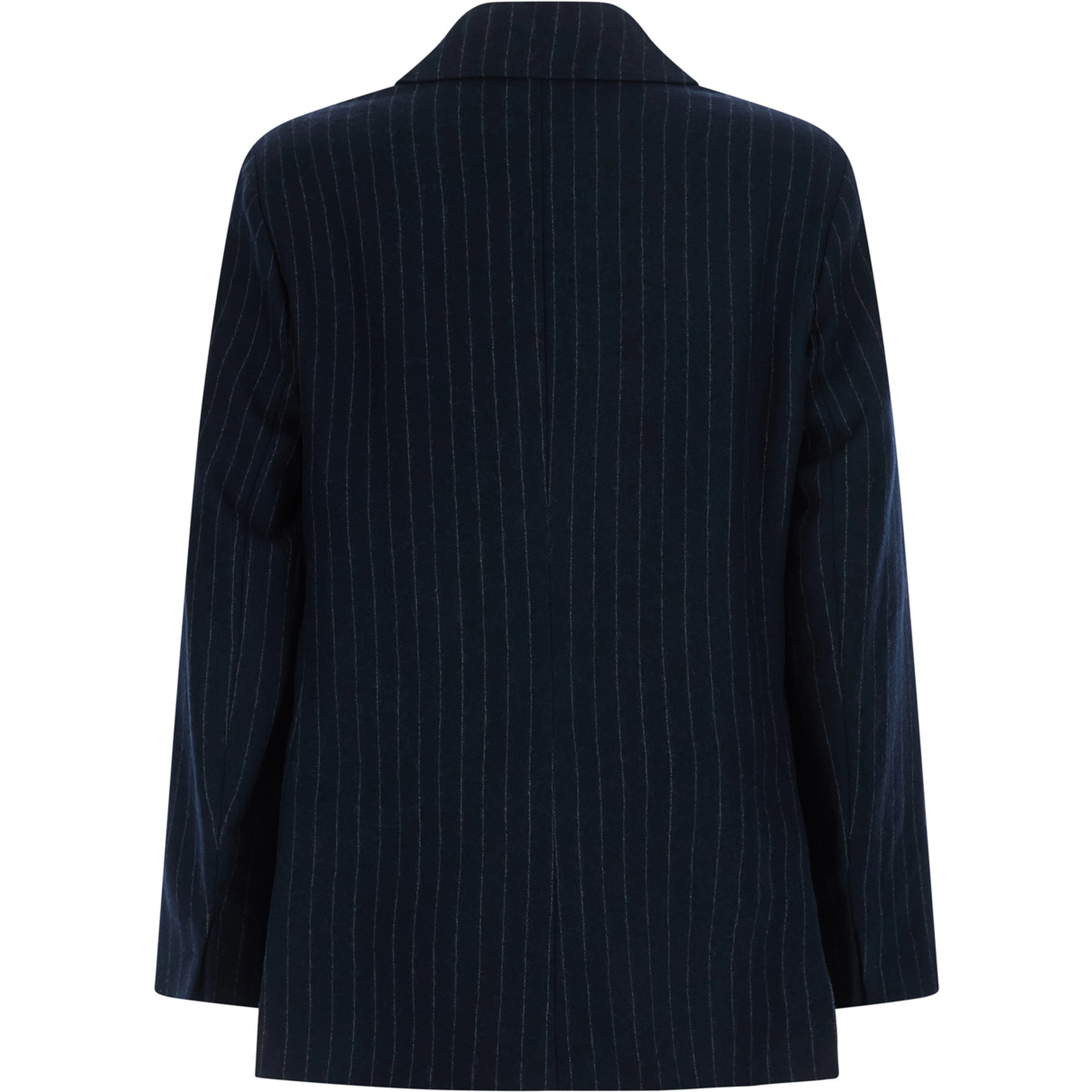 Jacket in pinstriped washed pure wool twill with blue virgin wool unisex