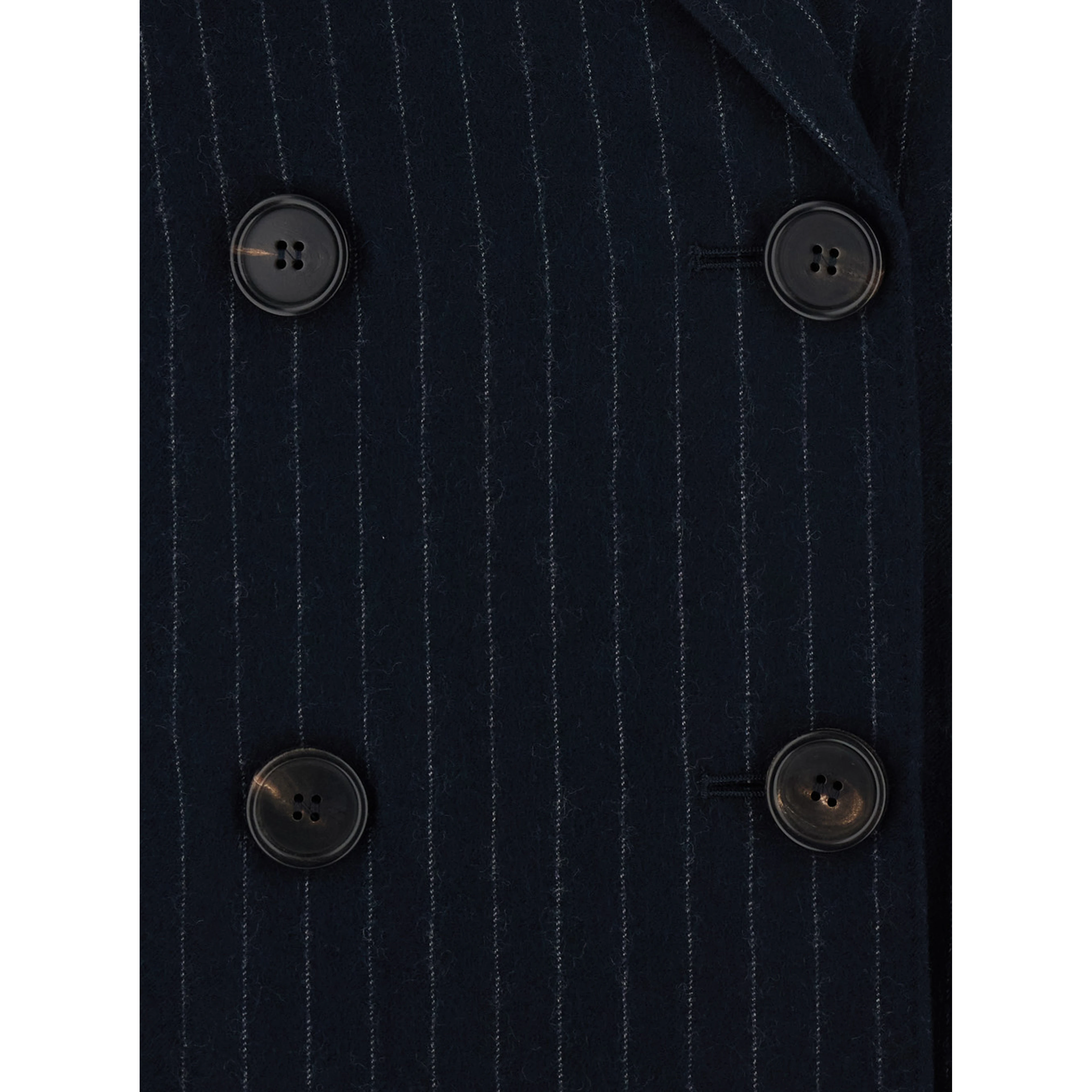 Jacket in pinstriped washed pure wool twill with blue virgin wool unisex