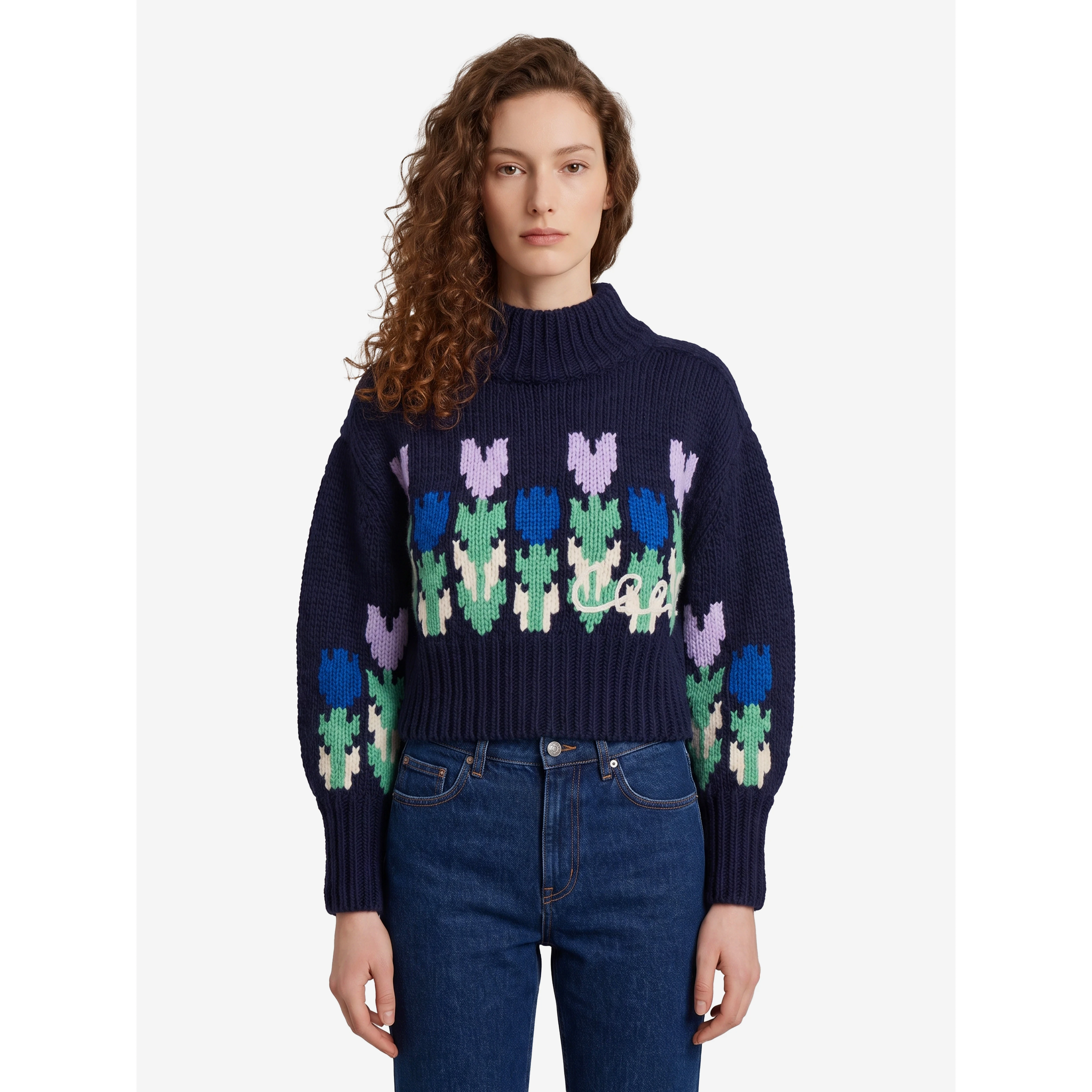 Cropped wool knit sweater with logo and turtleneck