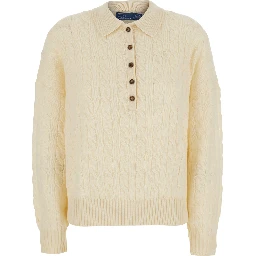 White Sweater with classic collar and cable knit in wool and cashmere for women