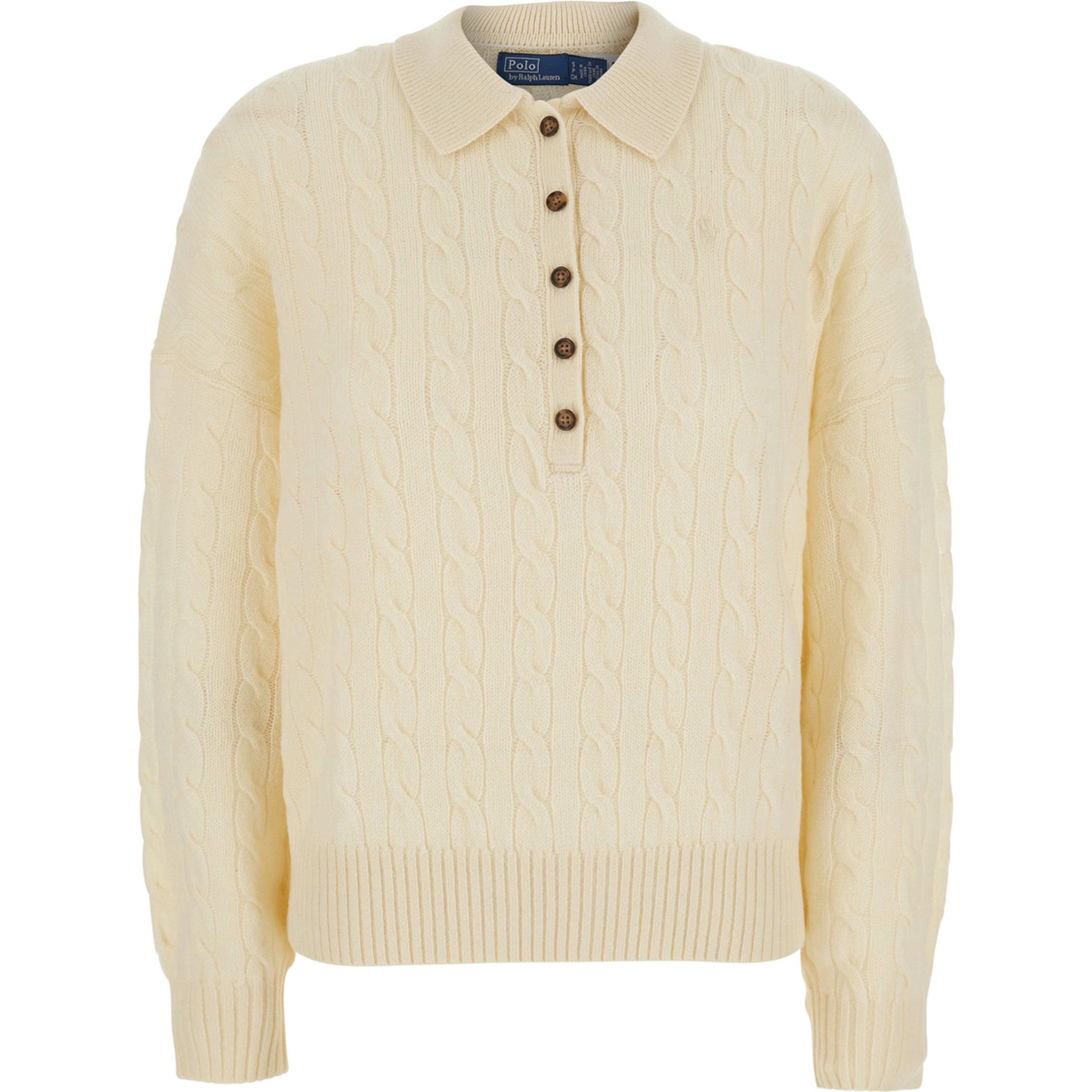 White Sweater with classic collar and cable knit in wool and cashmere for women