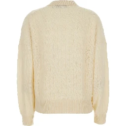 White Sweater with classic collar and cable knit in wool and cashmere for women
